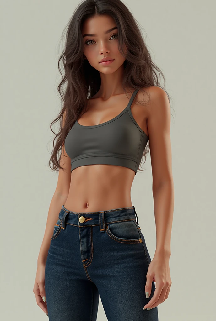 Cute dark skinned Chinese girl wearing glasses, detailed skin tight jeans, tight crop top, mid size butt, 