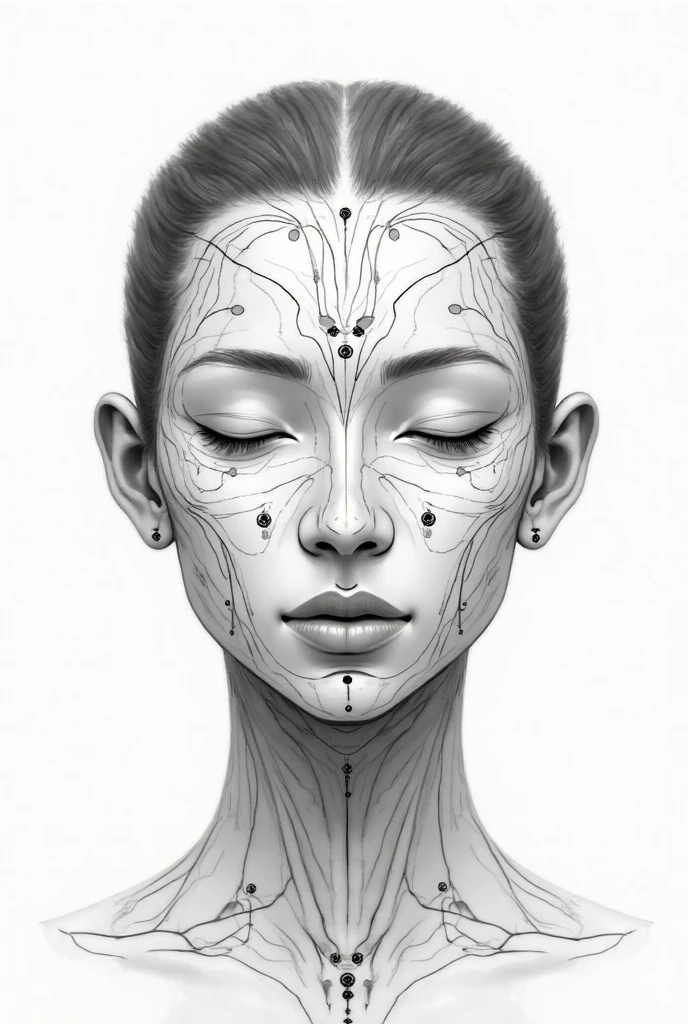 head， black and white ，with obvious lines，Acupuncture meridians and acupuncture points