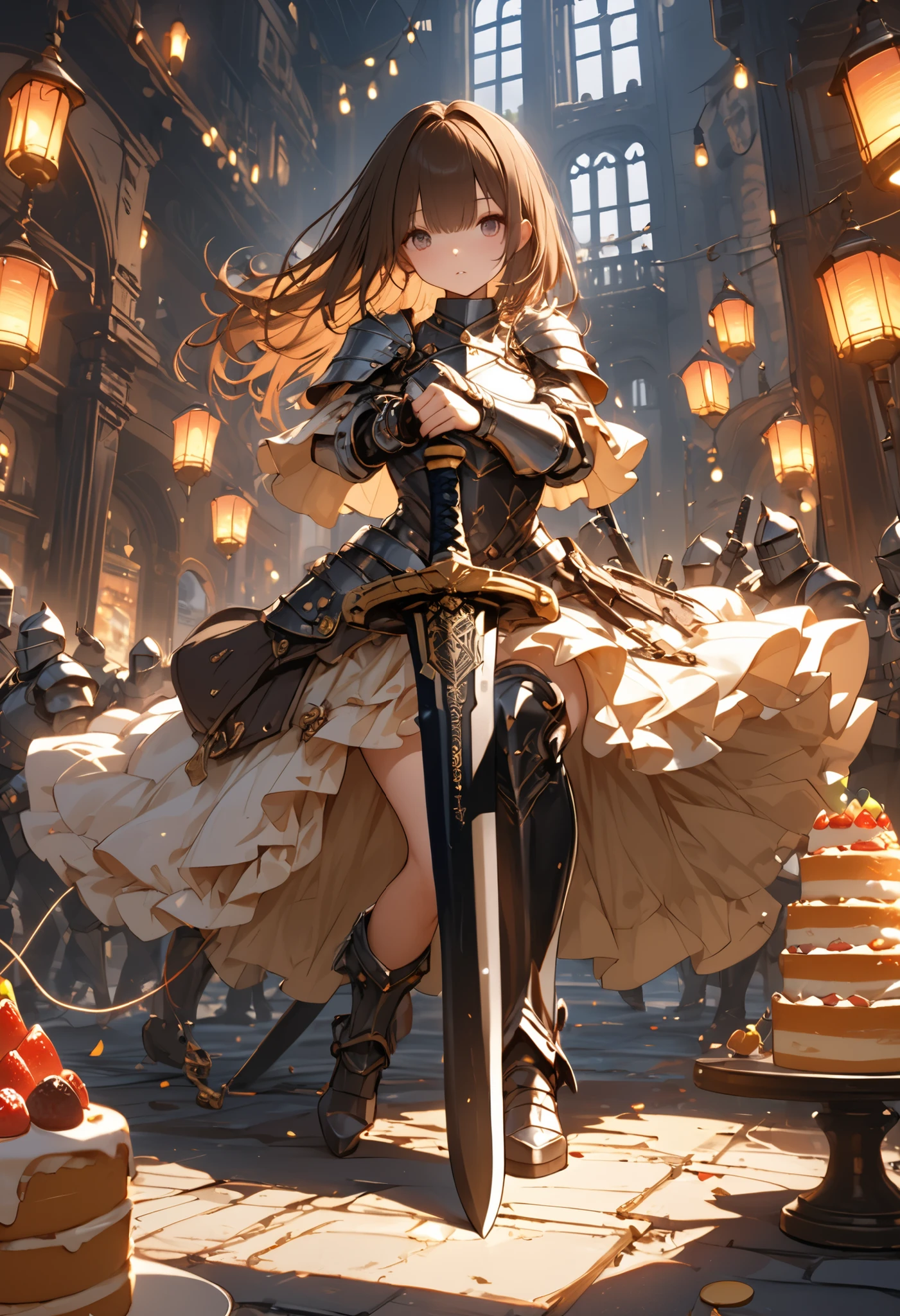 (((Knight of Cakes)))、The personification of a cake、Cookie Armor 、((big black sword))、((swordsman))、There's a big sword stuck in the floor、Beautiful girl、brown hair、Candy Castle、 Cookie Bricks,The Knights in Armor、strong pose、Cream dances、Lantern Light、(masterpiece,Highest Quality,ULTRA DETAIL,超high definition,detailed background),(1girl),watch the viewers,solo,masterpiece，（masterpiece），fuill body ,best quality ，（Highest Quality）， cinematiclighting ，（Cinematic Lights）、beautiful detailed eyes ，eye detail connected to an electric wire，uitra-detailed，（Super Detailed），highresolution， （high definition），8k，8K resolution，official art，（official illustration style），