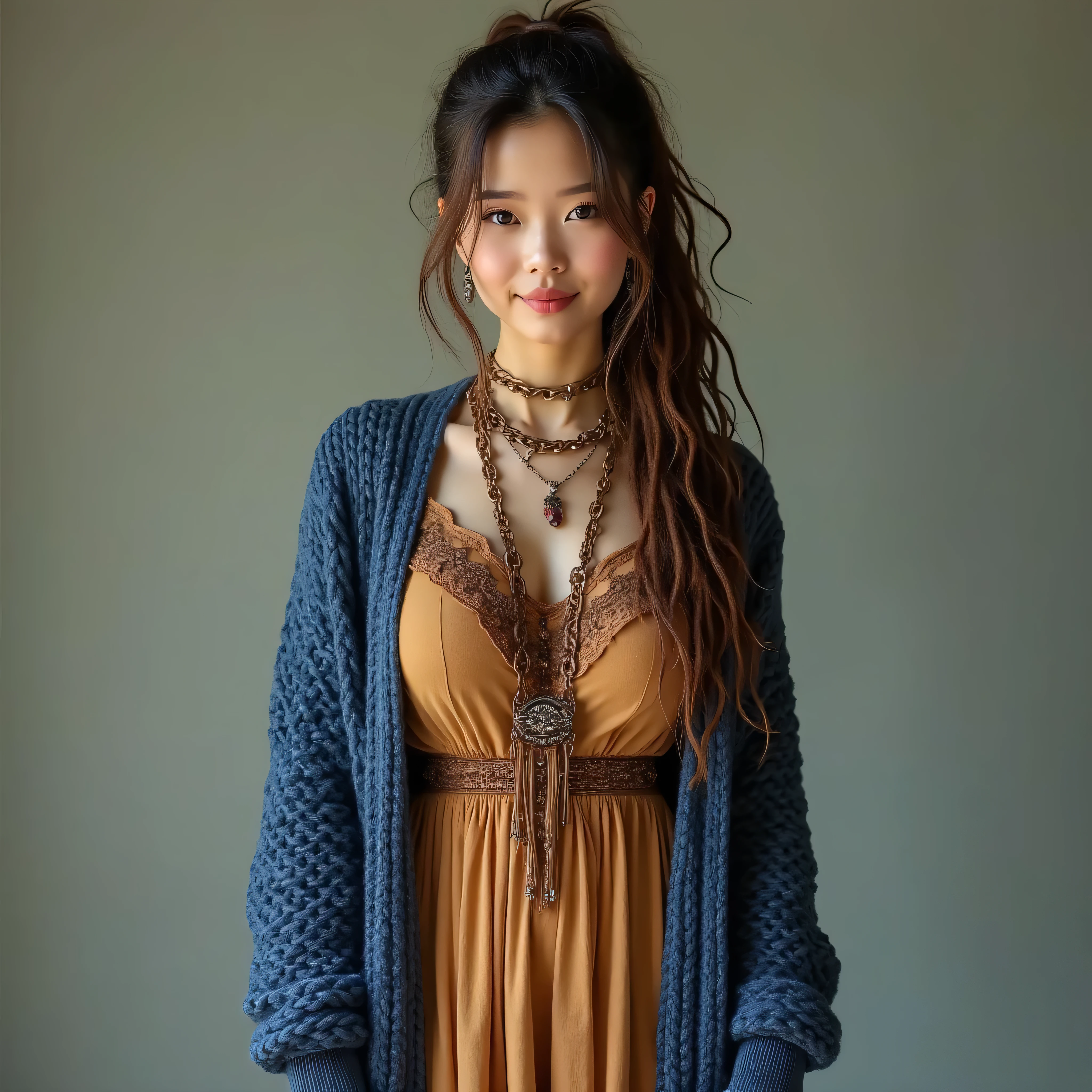A realistic, high resolution photograph of a beautiful Asian woman in her 20's; full body frontal view facing the camera with her arms at her side, looking at the camera. There is extra space in the photo above her head. She has a hourglass, fashion model figure with large rounded, uplifted breasts, large hips, and a slim waist. She has very long chocolate brown hair that is fully in dreadlocks. The dreadlocks are loosely tied in a low ponytail. The tie of the ponytail is low on her skull and cannot be seen from the front. She has a perfect, beautiful face, thin lips, a small nose, a short, bull neck, and ears that lay close to her skull. She has blue eyes and a vanilla complexion. Her lips are closed and she has an amused smirk. She is wearing a boho style tan cotton dress with brown trim and a variety of boho jewelry and an open thick knit Aran stitched ultramarine blue wool cardigan. The cardigan is worn so that it completely covers both of her shoulders. Her breasts are well defined beneath the clothing and you can see a bit of cleavage. There is no one else in the photo. There is extra space above the subject’s head and centered composition — suitable for magazine-style layout or cinematic framing. 