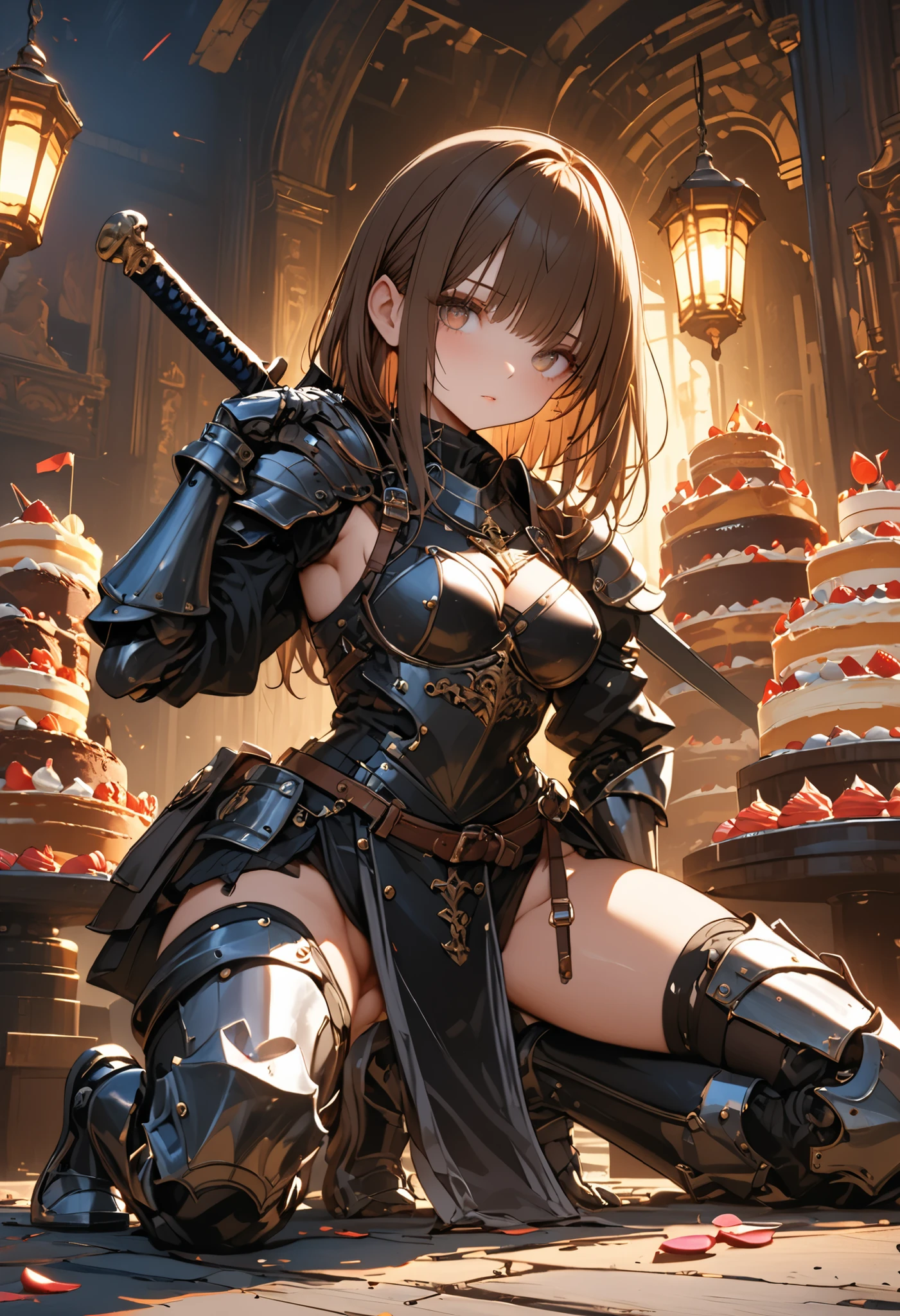 (((Knight of Cakes)))、The personification of a cake、Cookie Armor 、((big black sword))、((swordsman))、There's a big sword stuck in the floor、Beautiful girl、brown hair、Candy Castle、 Cookie Bricks,The Knights in Armor、strong pose、Cream dances、Lantern Light、(masterpiece,Highest Quality,ULTRA DETAIL,超high definition,detailed background),(1girl),watch the viewers,solo,masterpiece，（masterpiece），fuill body ,best quality ，（Highest Quality）， cinematiclighting ，（Cinematic Lights）、beautiful detailed eyes ，eye detail connected to an electric wire，uitra-detailed，（Super Detailed），highresolution， （high definition），8k，8K resolution，official art，（official illustration style），