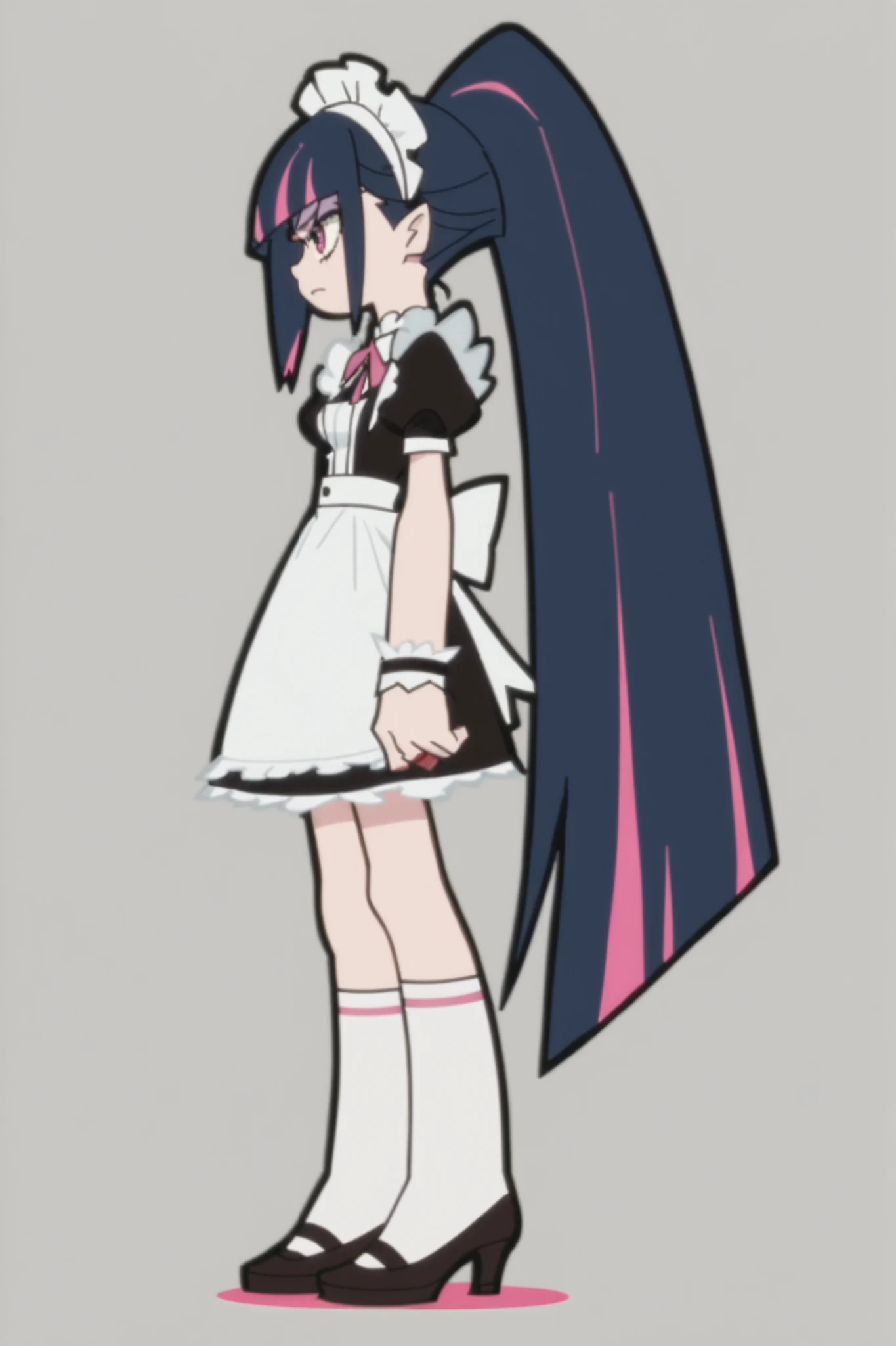 p&s style, screencap, anime, score_10, flat colors, woman, pale skin, pink eyes, black hair, flirty expression, long ponytail, maid outfit, side view, full body