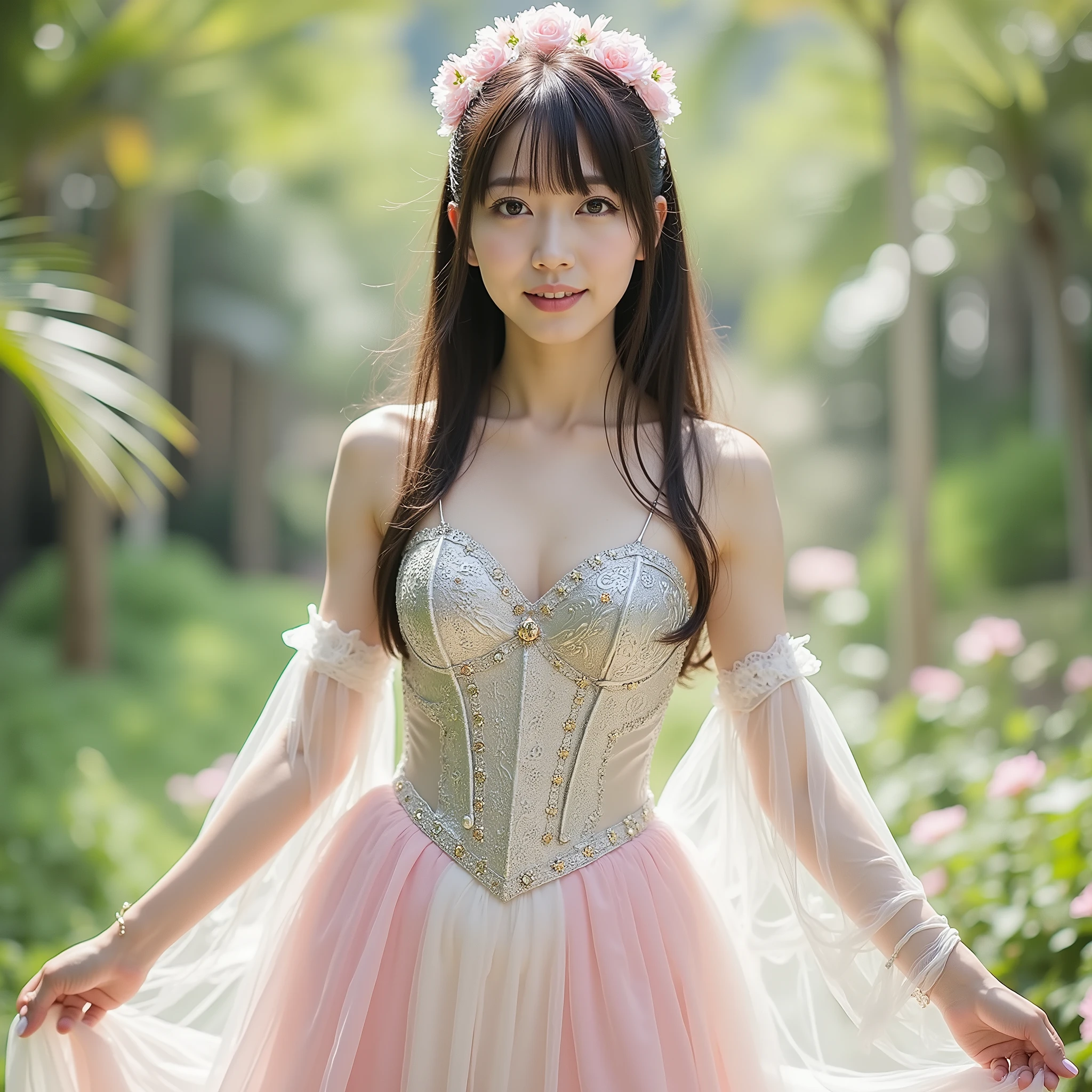 Top Japanese idol standing on cream cake、Decorative silver breast plate reminiscent of medieval knights、Creative miniskirt stage costume combining lace、 BREAK, Pastel colored dress with widening hems、Fresh cream flowing all over the body、surprised expression、cream for hair、Small stage in a fantasy forest、Fairies flying around、dreamy atmosphere、I'm wearing promotional photo style、super clear focus、watch viewers、ultra-detailed photorealistic、Full body shot from head to tip of calf、cm, super detailed face, Very large double eyelid eyes, Top Japanese idol with a smile who enjoys gardening while being surrounded by a slim and slender body, fine texture of the skin, accurate limbs and fingers based on perfect human anatomy