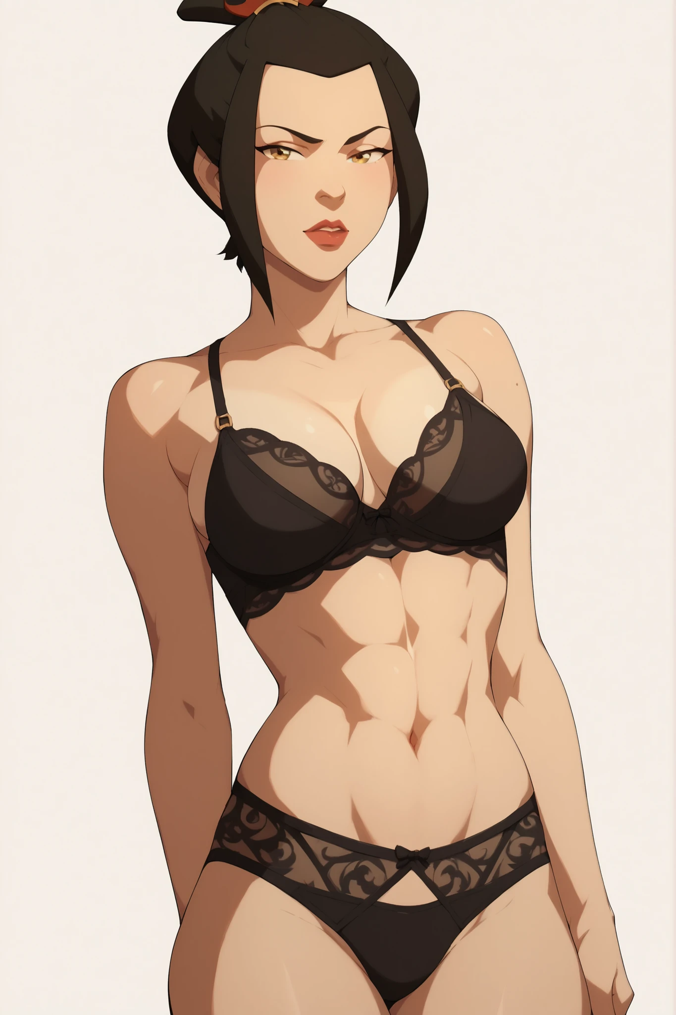 Azula from Avatar would be , beautiful and sexy body, In underwear in black lingerie, white background, front focus, sexy pose.