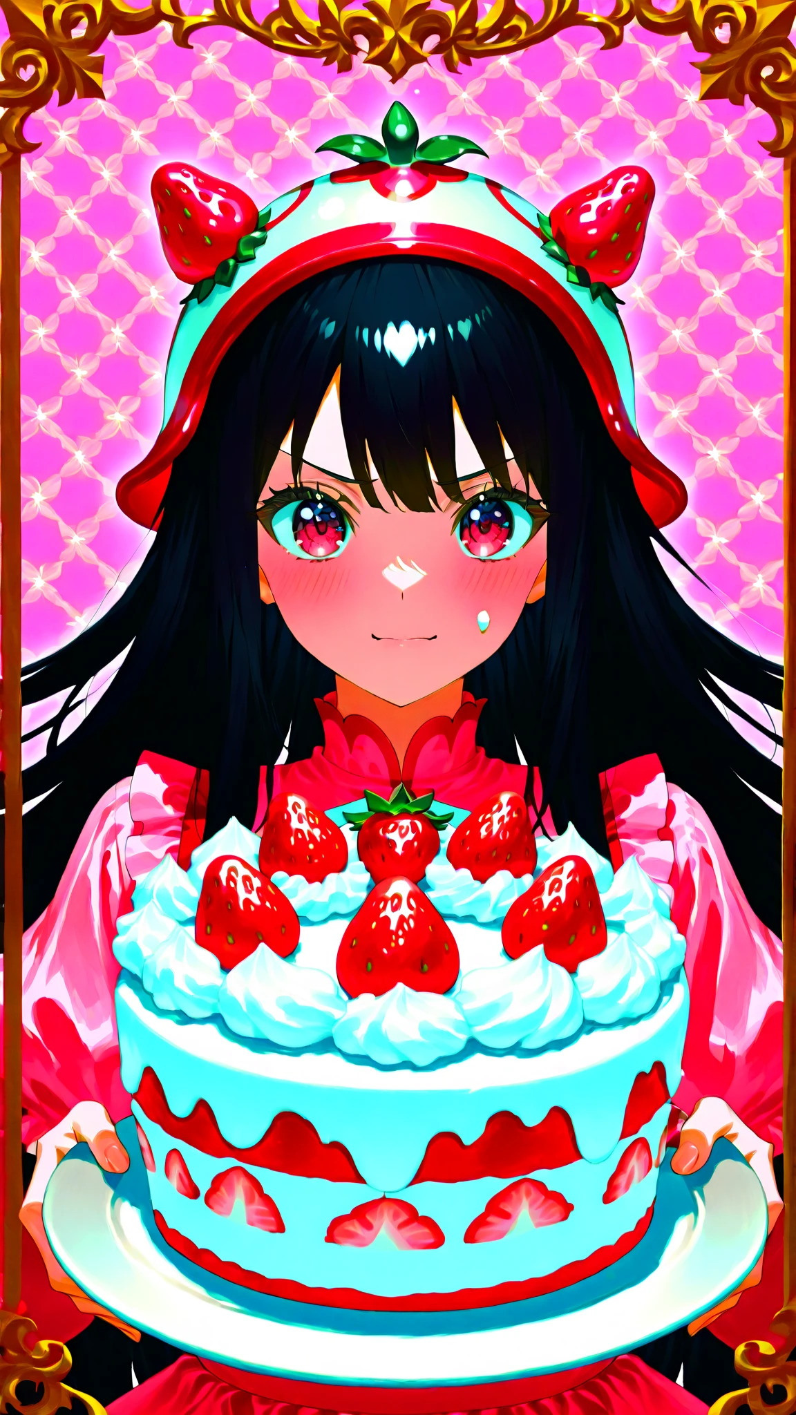 a portrait of a female vampire eating a (bloody donut: 1.3), an exotic exquisite beautiful female vampire, dynamic hair color, wavy hair, dynamic eyes color, (glowing  eyes: 1.1), intense eyes, wearing glamour silk dress, intricate detailed dress, dynamic color dress, dynamic style dress, ((eating  a large donut soaked with blood: 1.3)), blood dripping from the donut, (cherries: 1.1), (whipped cream: 1.1), dark fantasy pastry shop background,  vibrant, Ultra-high resolution, High Contrast, (masterpiece:1.5), highest quality, Best aesthetics), best details, best quality, highres, 16k, [ultra detailed], masterpiece, best quality, (extremely detailed) RAW, (ultra details, Masterpiece, best quality),   Dark Art Painting Style, Intense gaze, blood, Cinematic Hollywood Film
