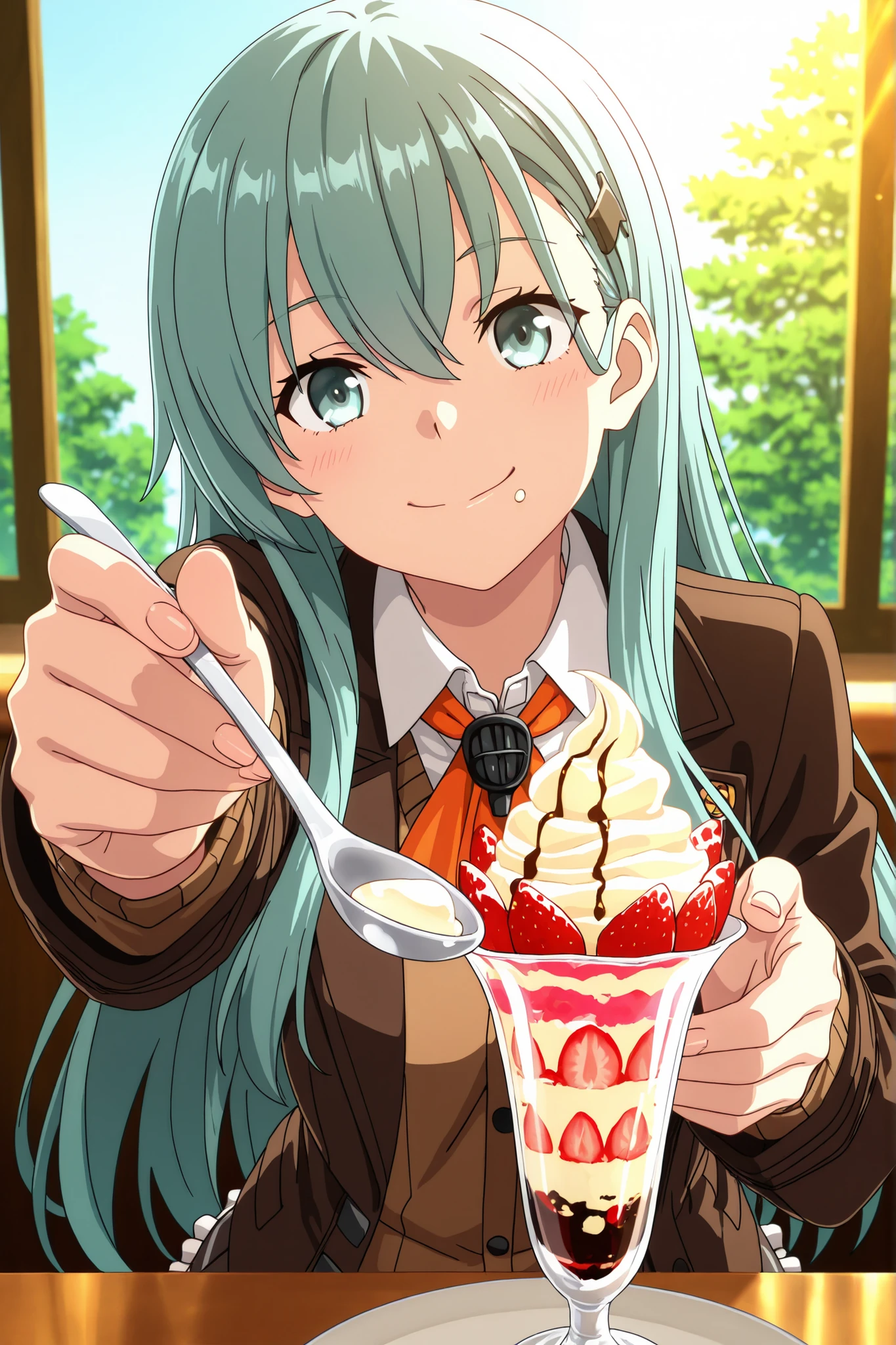 8K,HDR,masterpiece,best quality, high quality,amazing quality,highres, absurdres, newest,unity 8k wallpaper, game cg, ultra delicate hair,ultra delicate eyes,ultra delicate face,super fine illustration,high resolution,(anime screencap:1),(anime coloring:1),(anime style:1),highly detailed illustrations,perfect eyes,detail1eye,well-defined fingers,(perfect anatomy:1), (perfect fingers,five fingers:1),upper body,(face close up:1.2),cinematic angle,
lycorecostyle,
BREAK
1girl,solo,"suzuya_kai_ni_(kancolle) \(kantai_collection\)",long hair,aqua hair,hairclip,aqua eyes,
brown jacket and pleated skirt, frilled skirt,replaced by a open brown cardigan with a lighter brown vest,orange ascot,
BREAK
eating a parfait in a cafeteria,(reaching towards viewer with spoon, holding spoon, incoming spoon,five fingers, foreshortening:1.2), smiling ,joyful,(tareme:0.6),sitting,
BREAK
indoor,green tree,afternoon,sunlight,warm lighting,blue sky,window,table,peaceful atmosphere