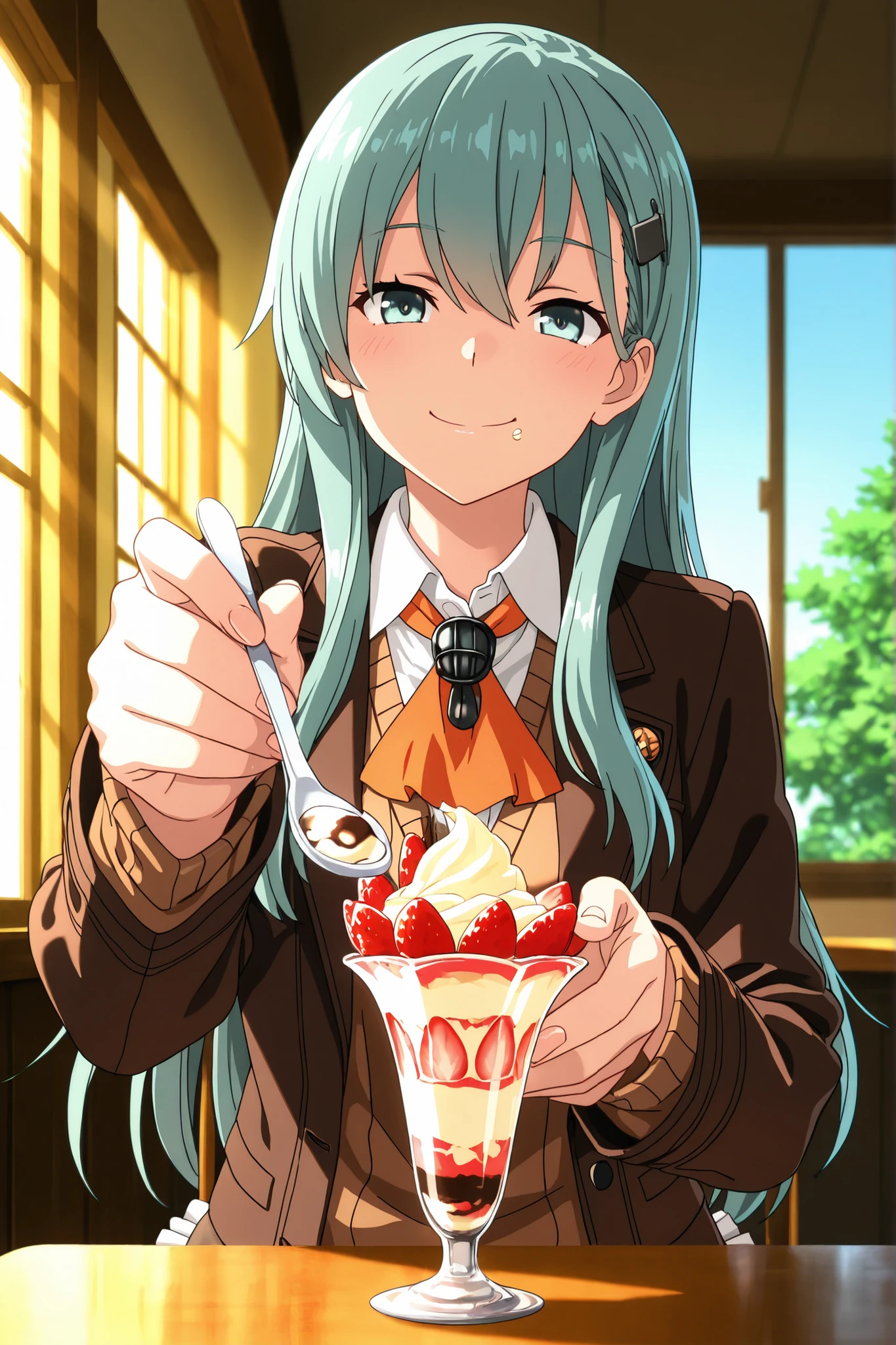 8K,HDR,masterpiece,best quality, high quality,amazing quality,highres, absurdres, newest,unity 8k wallpaper, game cg, ultra delicate hair,ultra delicate eyes,ultra delicate face,super fine illustration,high resolution,(anime screencap:1),(anime coloring:1),(anime style:1),highly detailed illustrations,perfect eyes,detail1eye,well-defined fingers,(perfect anatomy:1), (perfect fingers,five fingers:1),upper body,(face close up:1.2),cinematic angle,
lycorecostyle,
BREAK
1girl,solo,"suzuya_kai_ni_(kancolle) \(kantai_collection\)",long hair,aqua hair,hairclip,aqua eyes,
brown jacket and pleated skirt, frilled skirt,replaced by a open brown cardigan with a lighter brown vest,orange ascot,
BREAK
eating a parfait in a cafeteria,(reaching towards viewer with spoon, holding spoon, incoming spoon,five fingers, foreshortening:1.2), smiling ,joyful,(tareme:0.6),sitting,
BREAK
indoor,green tree,afternoon,sunlight,warm lighting,blue sky,window,table,peaceful atmosphere