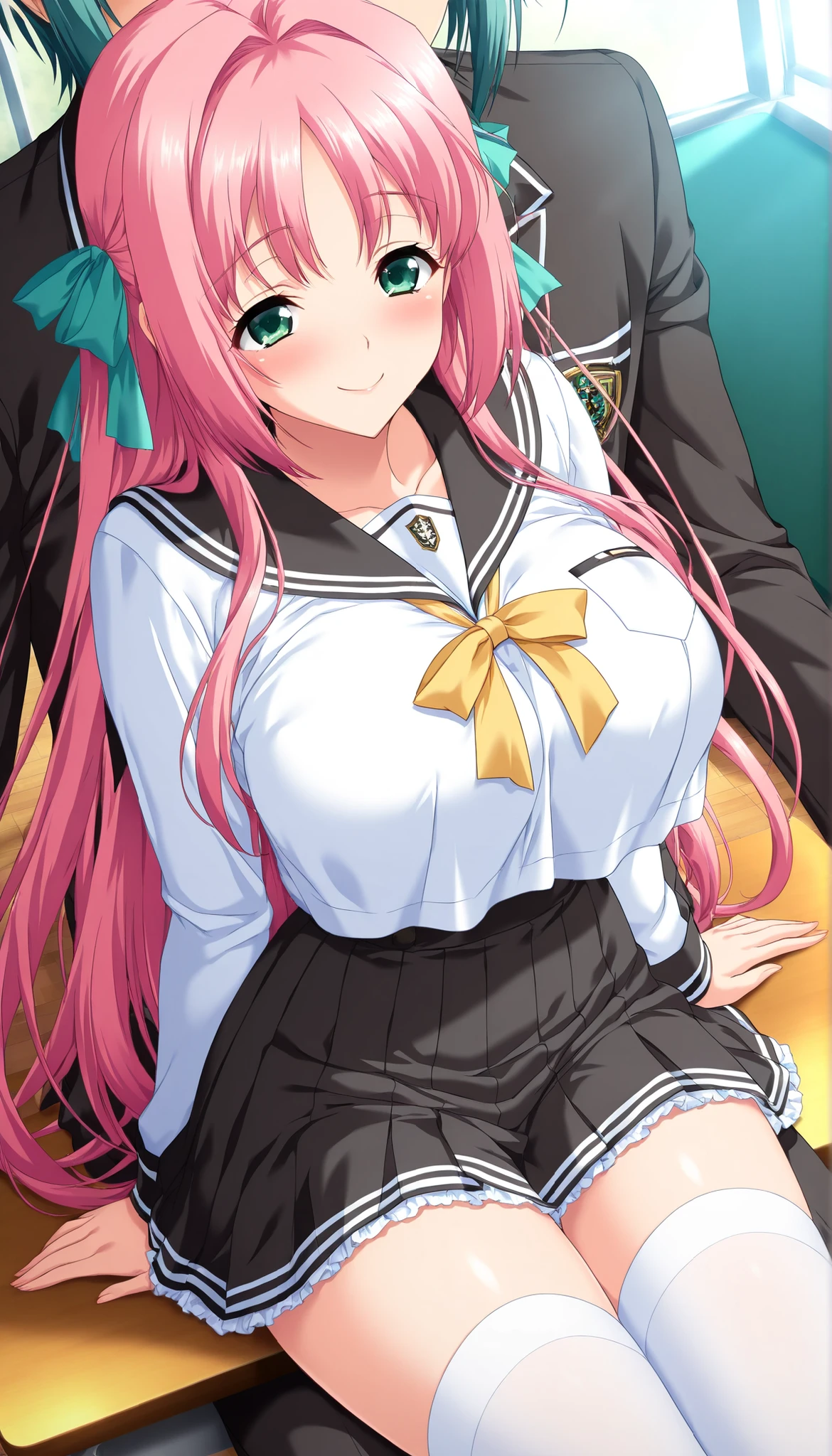 masterpiece, best quality, good quality, 1 girl, Akino Miya, green eyes, pink hair, long hair, parted in middle, twin braids, teal hair ribbon, large medium breast, beautiful breast, perfect ratio, slim, game cg style, blush, horny, slutty, smile, sailor-style, school uniform, white blouse, yellow ribbon, black skirt, frilly hem, thigh-high white stockings