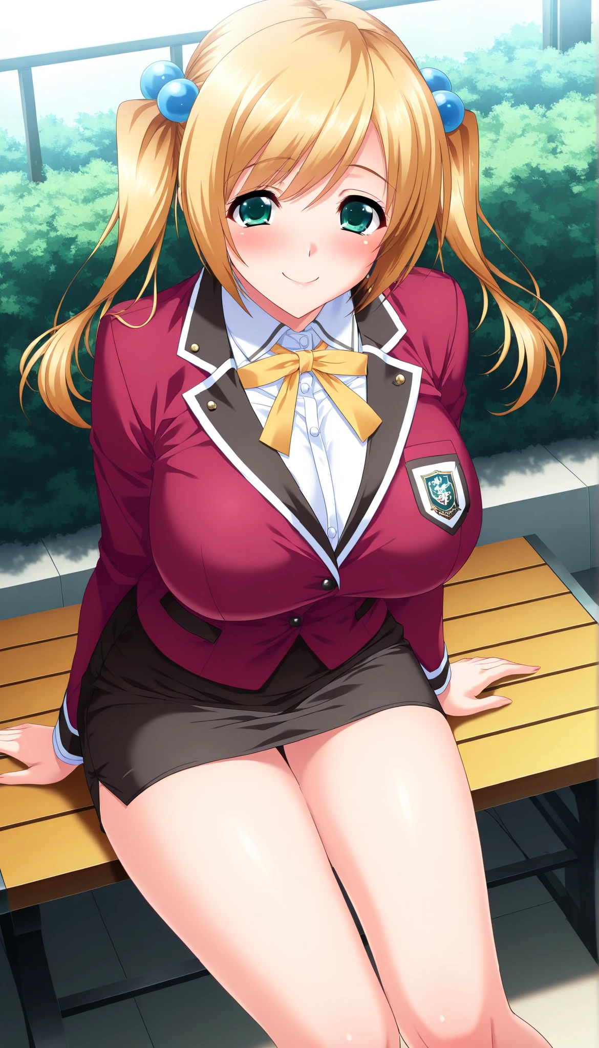 masterpiece, best quality, good quality, 1 girl, Kohinata Umi, green eyes, blonde hair, twin tails, v bangs, hair bobbles, large medium , beautiful , perfect ratio, slim, game cg style, blush, , slutty, smile, red-maroon blazer, white collared shirt, yellow ribbon, black pencil skirt with white trim