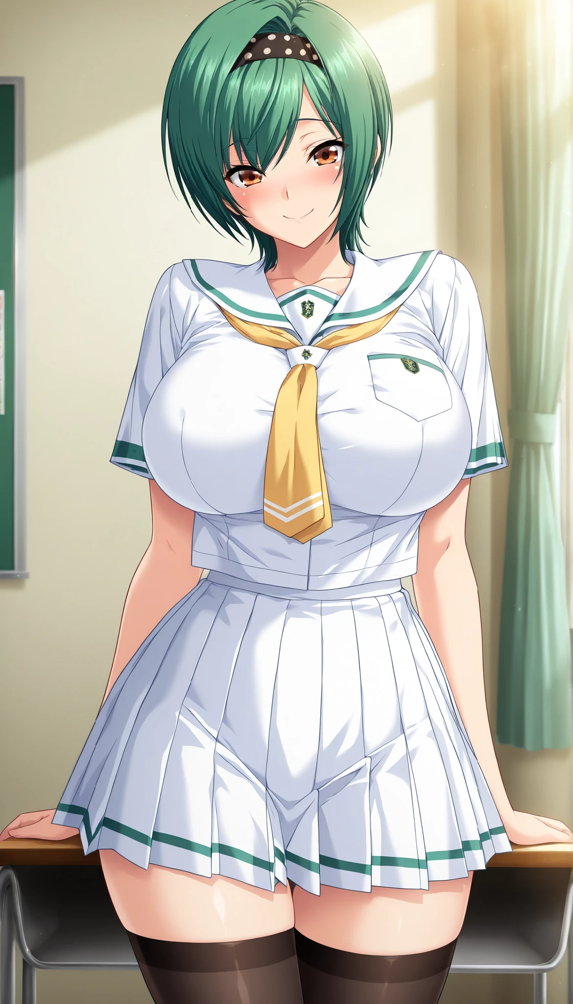 masterpiece, best quality, good quality, 1 girl, Aiba Matsuri, amber eyes, green hair, short hair, v bangs, hairband, large medium , beautiful , perfect ratio, slim, game cg style, blush, , slutty, smile, sailor-style, school uniform, white blouse, yellow tie, white pleated skirt, frilly hem, black stockings