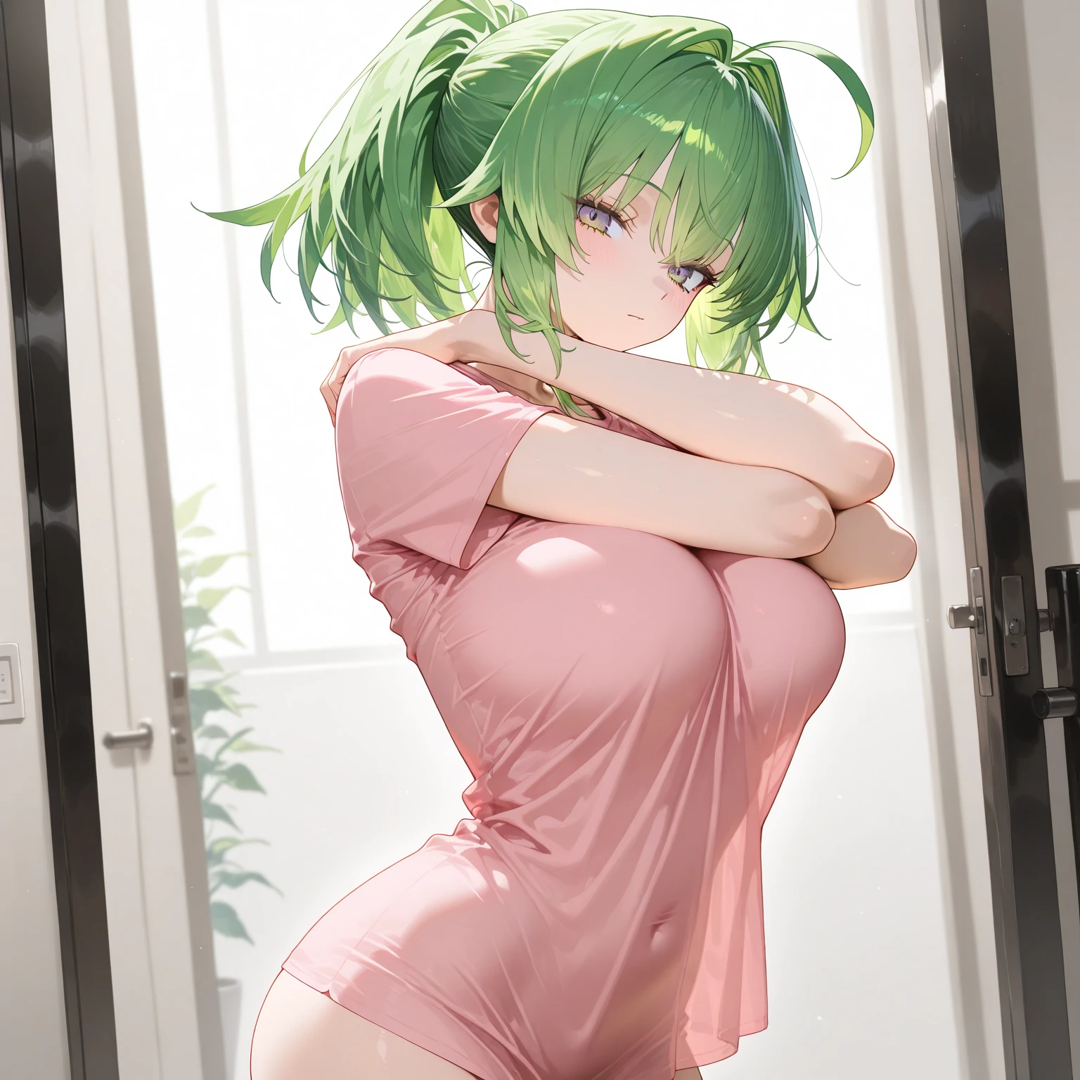 ((Browsing Caution,,tits))bright red student，Large Breasts，Green and white yukata，A cute and adorable girl who grows runes