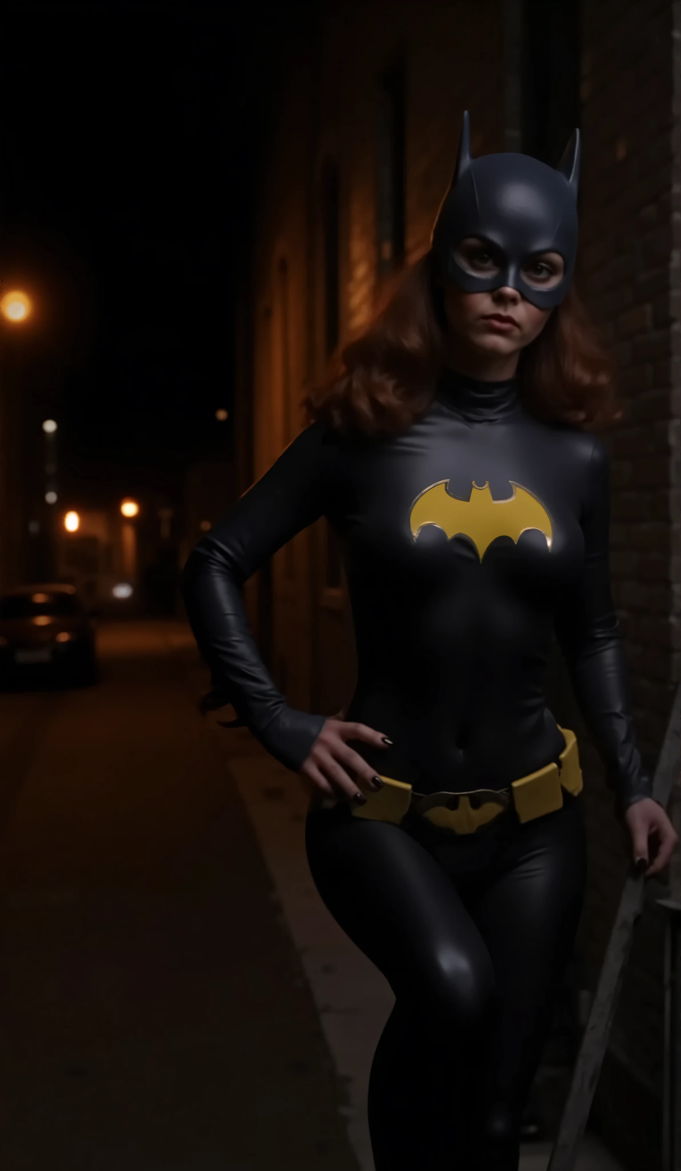 Nighttime. dark , full body shot of Christina Ricci with dark red hair, viewed from directly above, dressed as batgirl wearing a full length (((charcoal gray rubber bodysuit)))that is molded to fit her body perfectly, looks painted on, smooth , with a yellow batgirl symbol on the , she climbs several stories up, climbing on a metal fire escape ladder attached to a building while she looks down at a car in the alley. She poses with most of her weight on one leg and her hip pushed out to that side, the other leg bent at the knee. She has a perfect detailed face in sharp focus, perfect , two arms, two legs, (((perfect hands))) , (((perfect fingers))). She stands with most of the light coming from a single amber colored street lamp above her, the alley is illuminated by another lamp in the distant background, viewed from directly above,