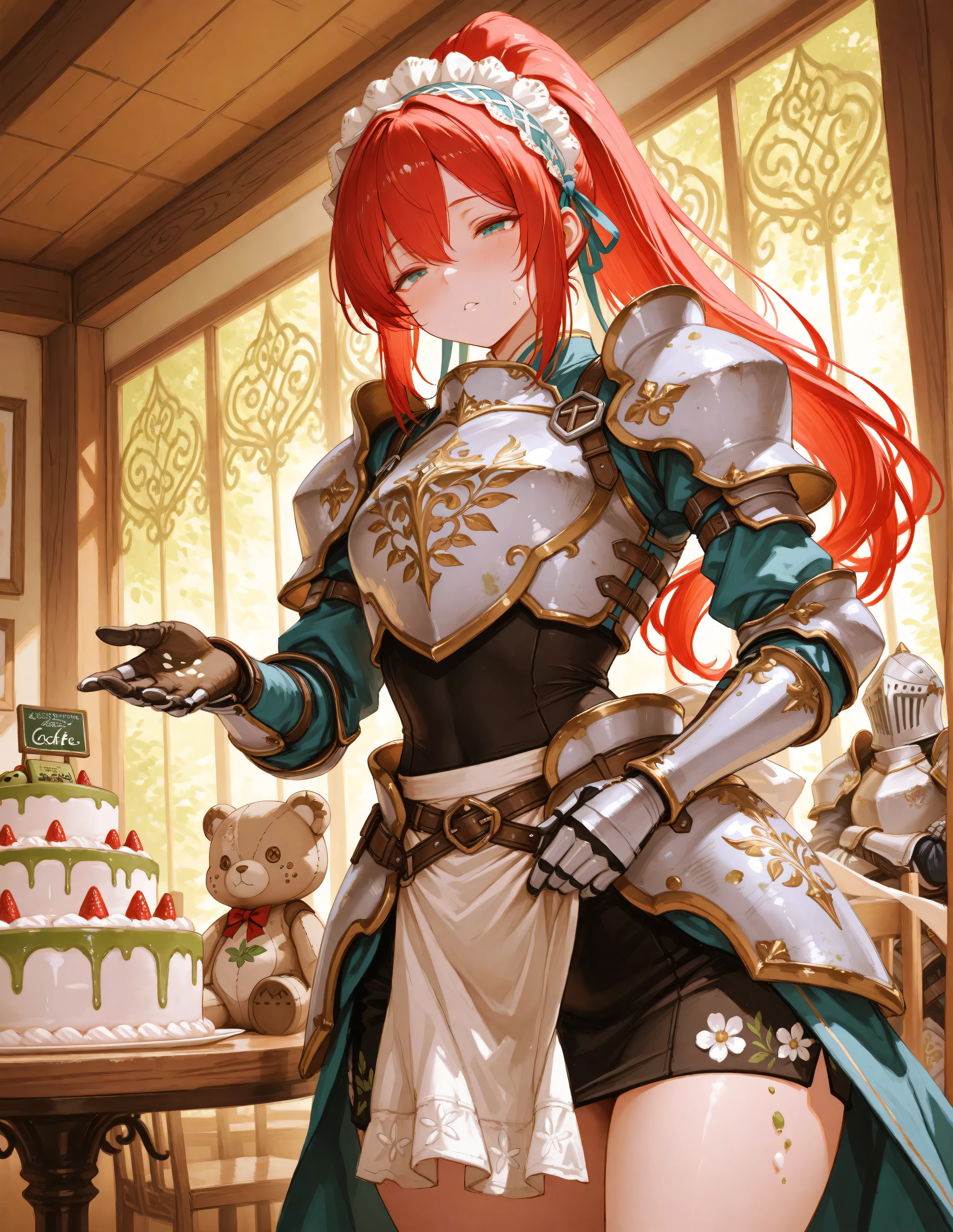 Spectacular 8K Digital Painting, Masterpiece Quality, ULTRA DETAIL, petite, curvy girl in cowboy shot (angle above waist), Petite knight with flowing ponytail, armor etched with tiny cake motifs, lost in reverie on a floral café chair. Each hand clutches a different gateau—matcha and tiramisu—crumbs cascading down her breastplate. Her stuffed cheeks glow crimson, eyes half-closed in ecstasy, maid headband tilting cutely. Surrounding tables display endless confectionery armies. A warrior’s dream of endless dessert dominion.