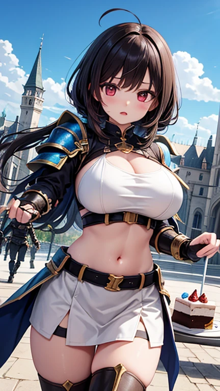 ((8K masterpiece,highest quality)), ultra high resolution, hyper detail, (1 girl), beautiful face, beautiful and delicate eyes,((red eyes)),Big eyes,shining eyes of light,Thin and long eyelashes,detailed light,((brown hair)),((long hair)), ((twin tails)),big breasts,(very large thighs),thin waist,blush,(grinning smile),troubled face,(please open your mouth wide),(royal swordsman),(((Hold Sword))),silver holy armor,sacred belt around the waist,sapphire crown,gold necklace,sapphire earrings,silver hair ornament,white knee socks,scattered treasures,ambition,(royal family of darkness),(Inside the castle),action pose,motion blur,Depth of written boundary,spectacular panoramic view,angle from below