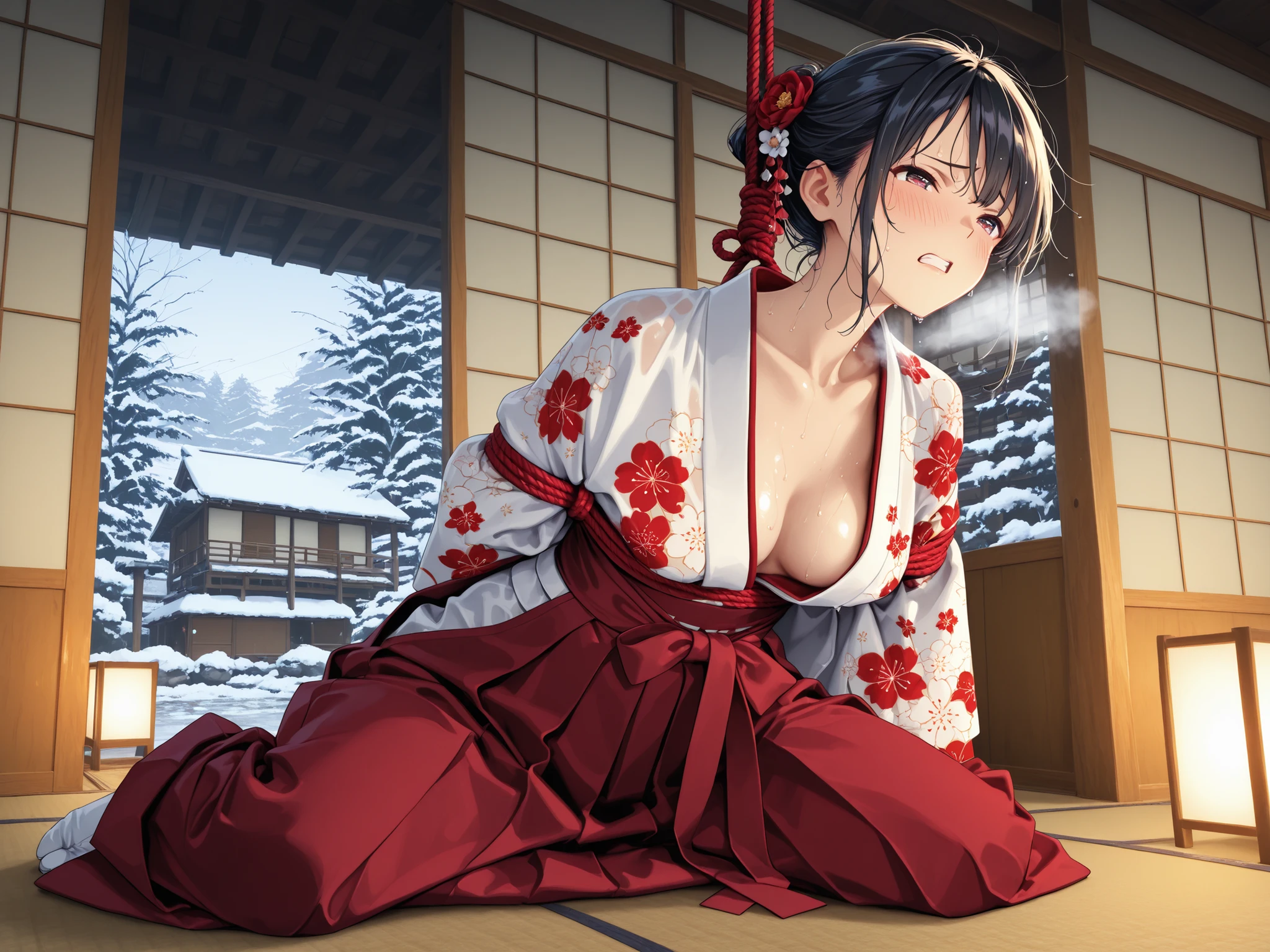 Woman in Japanese Kimono,white kimono, bound, bondage, bdsm, rope,red kimono, floral print,animal print,,kimono_cos, 1girl,japanese clothes, kimono,hakama,nsfw,ultra-aesthetic, anime style,{best quality}, {very aesthetic}, {ultra-detailed}, {best illustration}, winter,traditional Japanese house, traditional, Japanese style,detailed fabric texture, passionate and lively atmosphere,sweat, steam, orgasm,wet vagina, embarrassing, best quality, very aesthetic, ,{{1 boy}}, {{sex}},太い亀頭,testics,from front,男性が女性の袴の空いているところから手を入れる。reverse cowgirl