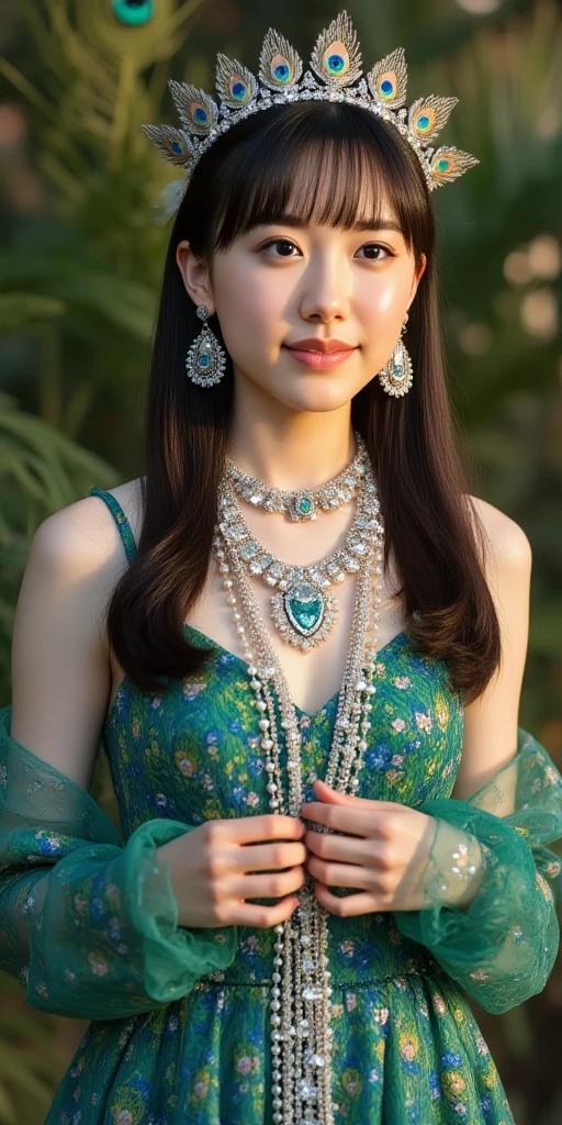 extremely beautiful, lovely girl;
age from 18-20 years old;
very beautiful face, light makeup, perfectly proportioned, beautiful in every detail, ((focus on the face));
 lips, ((light pink, glossy lipstick));
radiant smile, beautiful white teeth;
The girl's body is full of youth, her clothes are tight;
ruby earrings, gold bracelets encrusted with gemstones, emerald necklaces with gold mesh, lapis lazuli belts, diamonds embedded in clothes;
wear thin silk shirts, embroidered with intricate and colorful motifs;
Masterpiece, non- image quality, 8K CG HD, sharp, super beautiful graphics, professional, detailed, vibrant colors, advanced techniques, true RAW, high resolution, ((take strokes in the  area));
The light is intricately colored, using black and gold rays;
Film art style, colorful, visually appealing;
((Portrait photo of a girl standing in front of an ancient castle, many large statues, ancient towers create a super magical atmosphere, bright flower garden));