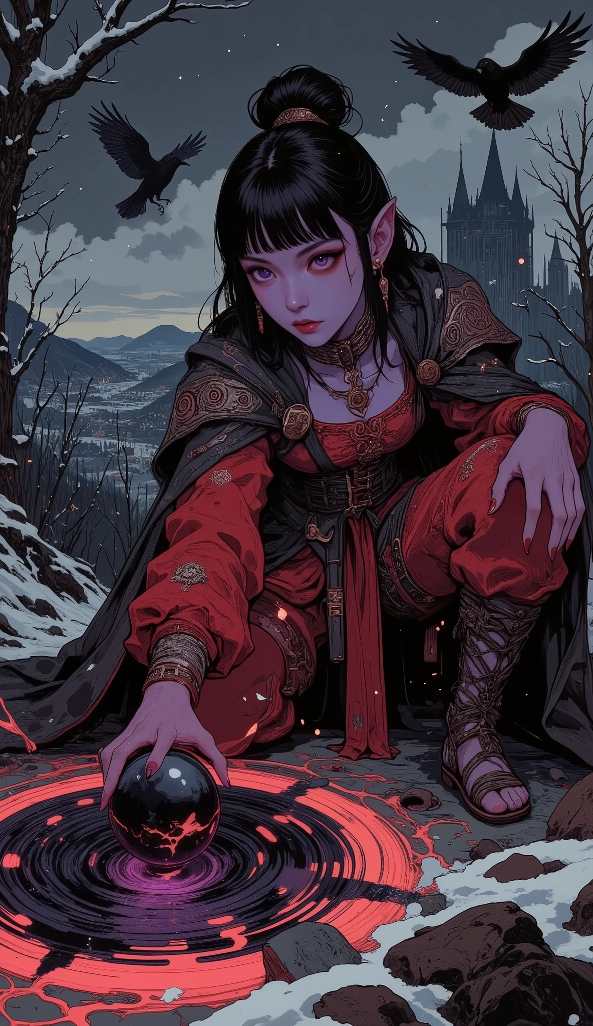 (A digital art piece blending ukiyo-e with dark fantasy, creating an aesthetic and gothic style. Faces are rendered in intricate detail. Late at night, in the winter season, snow swirls beneath low-hanging, dark gray clouds. Depicted at an oblique angle.) BREAK
(A young female dark elf necromancer stands with legs spread wide, leaning forward with one palm pressed to the ground. In her other hand, she grasps a large sphere swirling with black and purple gas. Black concentric circles form around her grounded palm, oozing a black, tar-like liquid from the circles.) BREAK
(The young dark elf necromancer wore her pure white hair pulled up with crimson extensions, featuring a blunt fringe, dark purple skin, long black lower lashes, half-closed eyes, lavender irises, thick dark eyeliner, and small pink lips. She was enveloped in a shimmering pale purple aura.) BREAK
(The young dark elf necromancer wore a lace-up dress resembling a beautifully draped medieval court gown, made of deep crimson velvet embroidered with black roses. A wide silver silk sash was tied at her waist. She wore sandals woven with black ribbons and draped a short gray cape over her shoulders.) BREAK
(Medieval Northern Europe: A desolate wilderness with a distant coastline visible. Red earth, snow-covered ground, an ancient battlefield. Decayed armor, spears, swords, and shields. Eerie, leafless trees. Rotten ropes hang from branches. Crows perch on branches. An aura of death and darkness permeates the ruined landscape.)