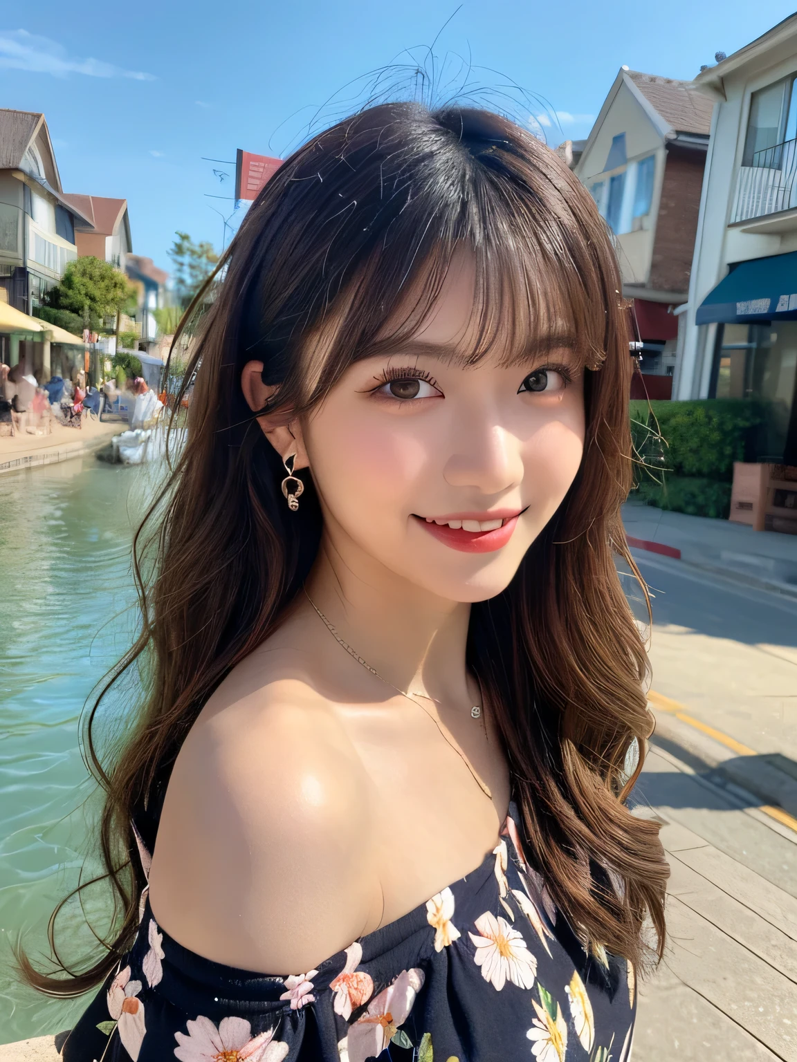 The scene unfolds on a dazzling summer afternoon. The sun shines in the sky, pintando o oceano de azul profundo e criando reflexos dourados nas pequenas ondas que acariciam a areia dourada da praia.

no centro da imagem, uma jovem mulher de aproximadamente 20 anos se destaca. Your skin is lightly tanned by the sun, enhancing the contrasts with her red hair that falls in soft curls on her shoulders. Seu rosto, iluminado pela luz do dia, revela uma beleza natural e uma suavidade encantadora.

The girl's eyes are like emeralds, glowing with a unique intensity that seems to reflect the colors of the ocean. They look directly into the camera, transmitindo uma serenidade cativante. A perfect smile adorns your lips, revelando dentes brancos e alinhados.

Dressed in an elegant and discreet black bikini, The young woman radiates confidence and elegance. The costume enhances the delicate curve of her shoulders and accentuates her slender silhouette, criando uma imagem de pura graciosidade.

Ao fundo, uma cidade moderna se ergue contra o horizonte. The buildings blend together in an urban tapestry, cada janela refletindo os raios do sol, criando um brilho dourado que contrasta com o azul profundo do oceano.

This scene perfectly captured in photography conveys a sense of serenity and timeless beauty, um momento congelado no tempo que celebra a harmonia entre a natureza e a urbanidade.