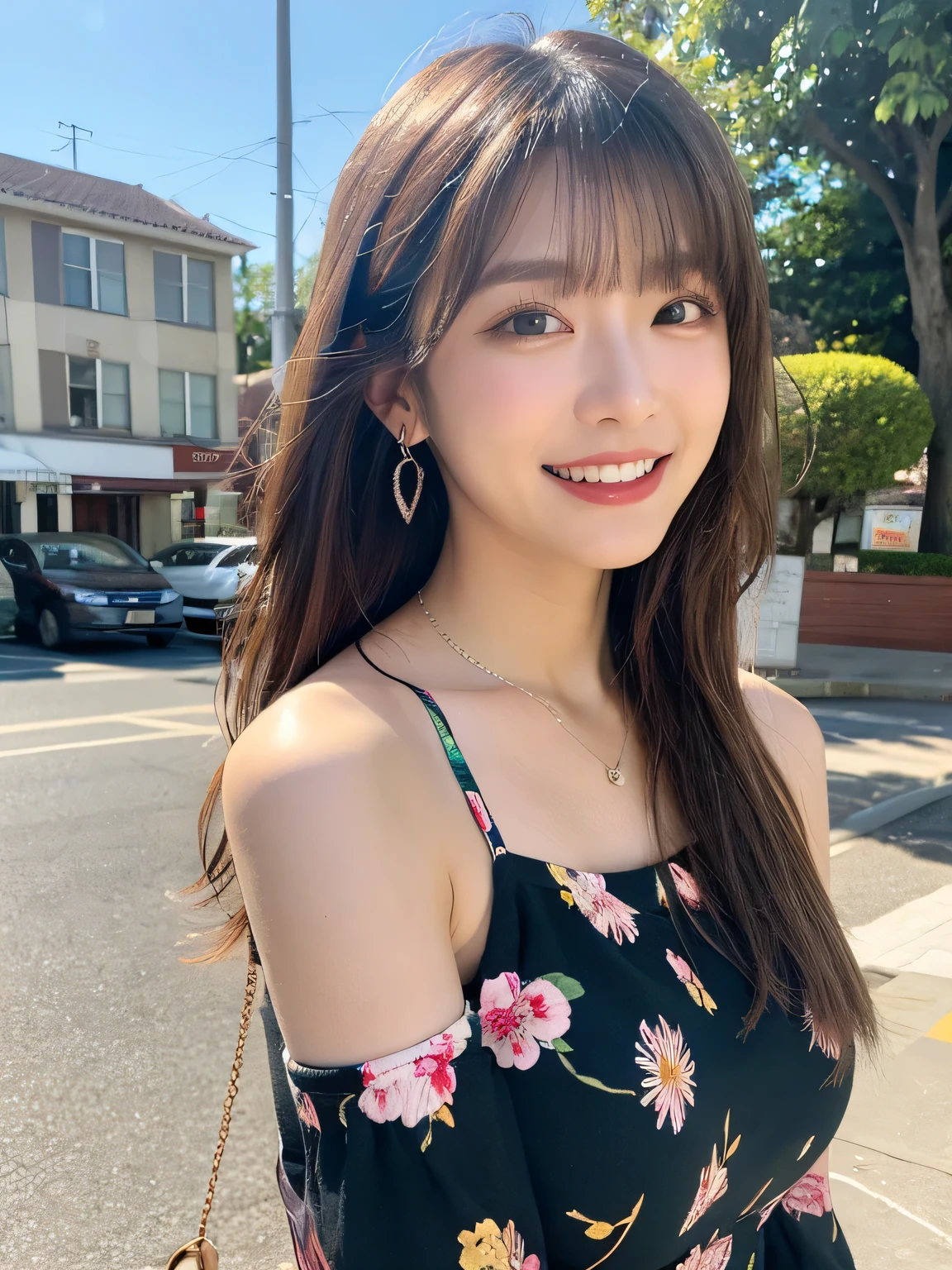 ((Photo Real:1.4, hyper realisitic:1.4, masterpiece:1.3, photorealistic:1.4, Smooth lighting:1.05, highest quality, RAW shooting, caustics, 8k, super detailed, ultra high resolution, cheerfulness:1.2, lens flare, table top, 1 girl, realistic skin texture, anatomically correct, accurate, super detail, textured skin, high quality, high details, best quality, high resolution, face focus, natural light, backlight, a bright light shines from above, finest real textured skins, professional writing, (low position), (Low - Angle), big,  up shot)), (20 years old, cute, japanese, , (wearing piercing), (wearing necklace), (perfect necklace), (perfect piercing), (full body photo:1.5), (full-length dress: 1.1), (look at the camera with a smile), smiling with slightly showing teeth, neat and clean beauty, narrow-eyed, super fine face, ultra detailed face, detailed eyes, double eyelids, glowing skin, retinas, lip gloss, perfect bodies, perfect arms, Perfect fingers, perfect legs, perfect hair, wearing seamless , (wearing piercing), (wearing necklace), (perfect necklace), (perfect piercing), (layer cut bronde hair, ponytail, hair flutters in wind, hair bounces)), wearing a silver dress posing on a balcony, on rooftop tokyo night, set in tokyo rooftop, on future tokyo night rooftop, on rooftop