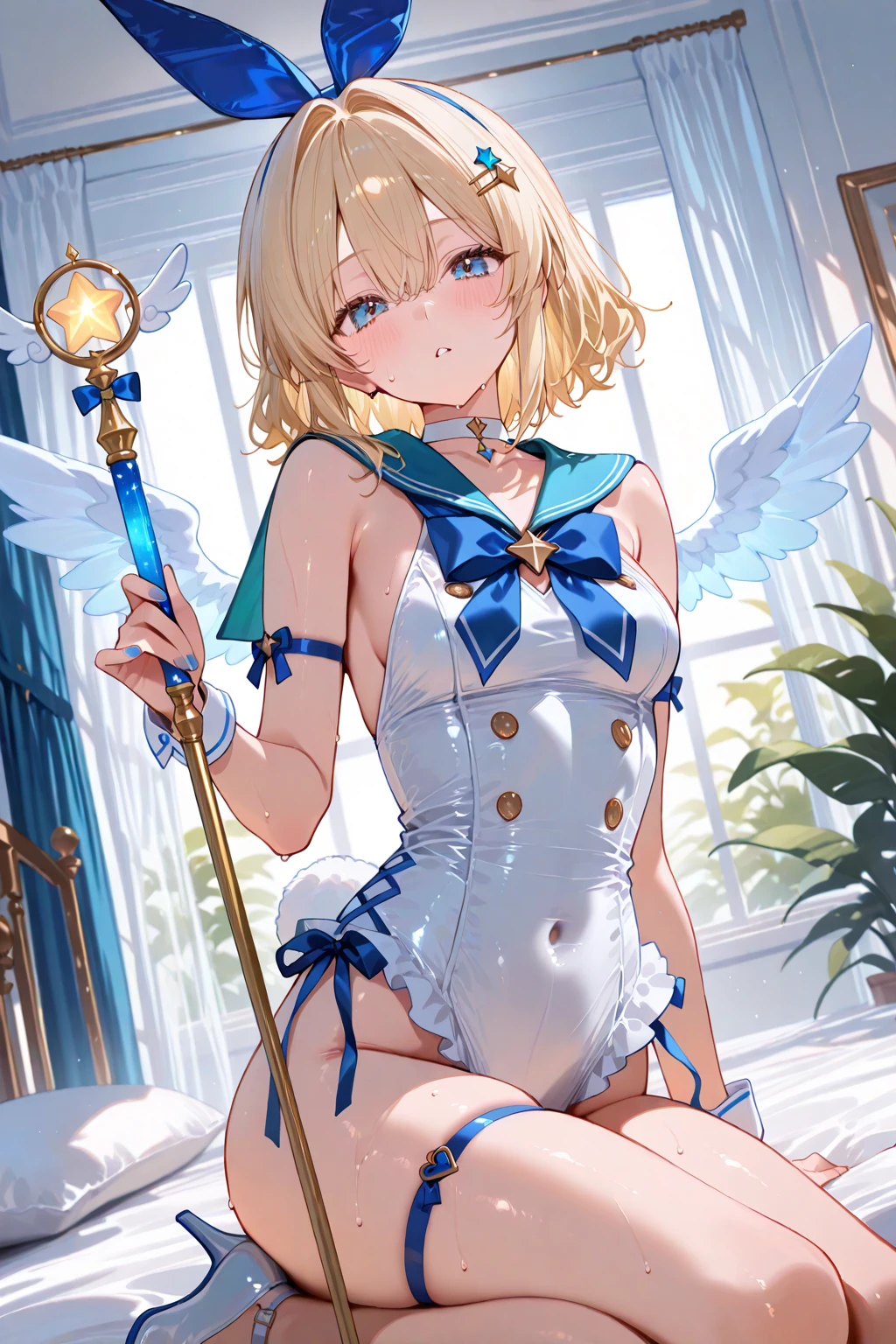 masterpiece, (((( Highest Quality )))), Puella Magi Happily Shakes Tekki(stars and hearts、Magical Stick with Wings)、1girl(shiny skin,,Alice in Wonderland Sailor Costume(The head and body are big、cute、Blonde、hair ornaments、Twin Tails Blue Ribbons、summer suit sailor suit、White and light blue base、Flat Chest、dance、Holding a Walking Stick with Both Hands、)、Room、Sweat Is Scattering、8k、bright atmosphere、