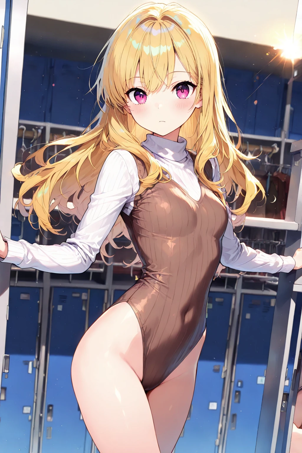 masterpiece, highest quality, High resolution, Atearge, very long hair, long hair tied low, hair ribbon, green eyes, Glasses, big breasts,  masked、gold swimsuit, wrestling, indoor,facing forward、 Are standing, from before, cowboy shot,