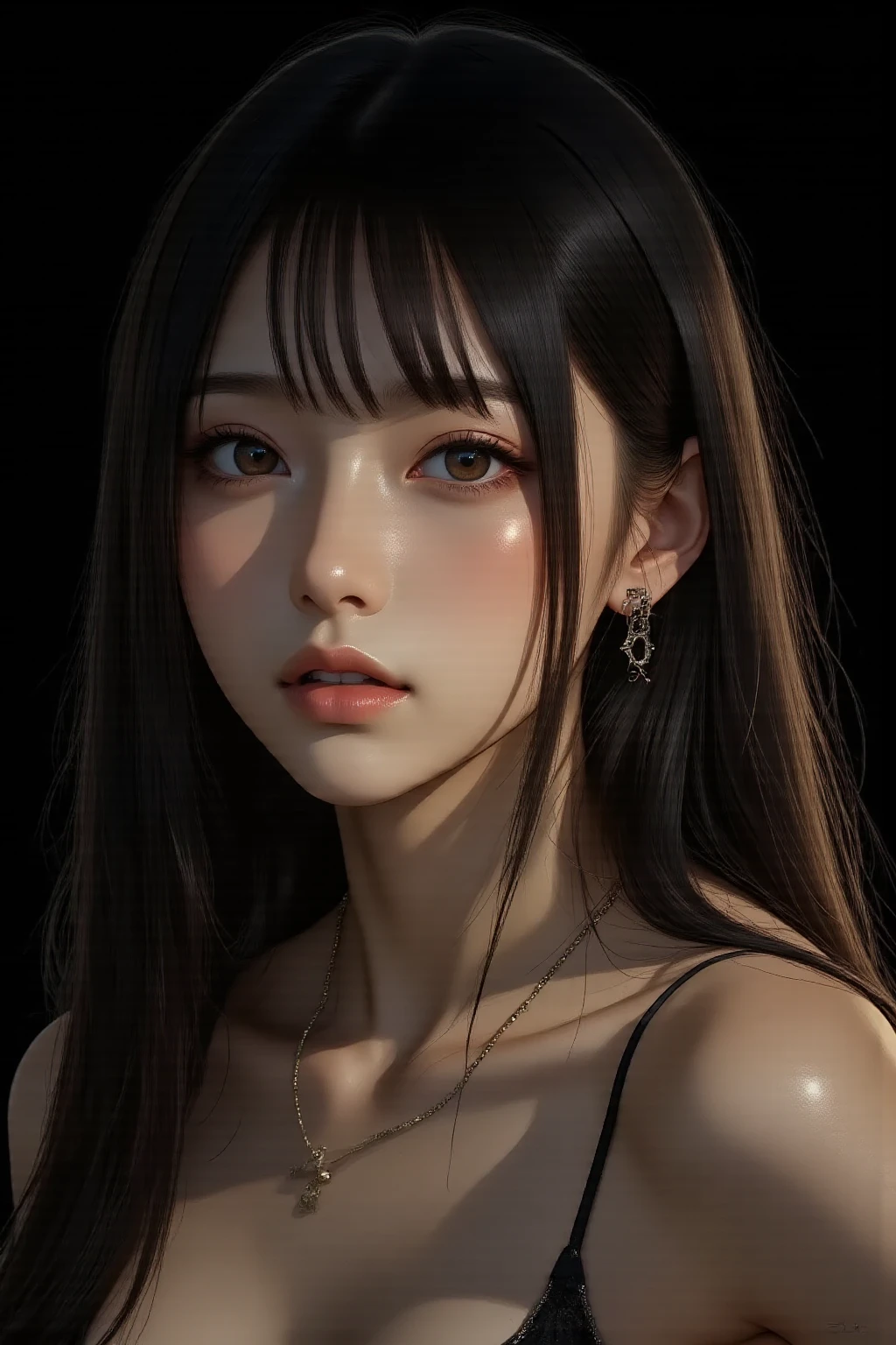 masterpiece, Best Quality, Illustration, Ultra-detailed, finely detail, hight resolution, 8K Wallpaper, Perfect dynamic composition, Beautiful detailed eyes , Sexy face,Face feeling ,Face at the peak of  arousal, looking at viewer, ((Dark background)), in the style of Mark Demsteader，