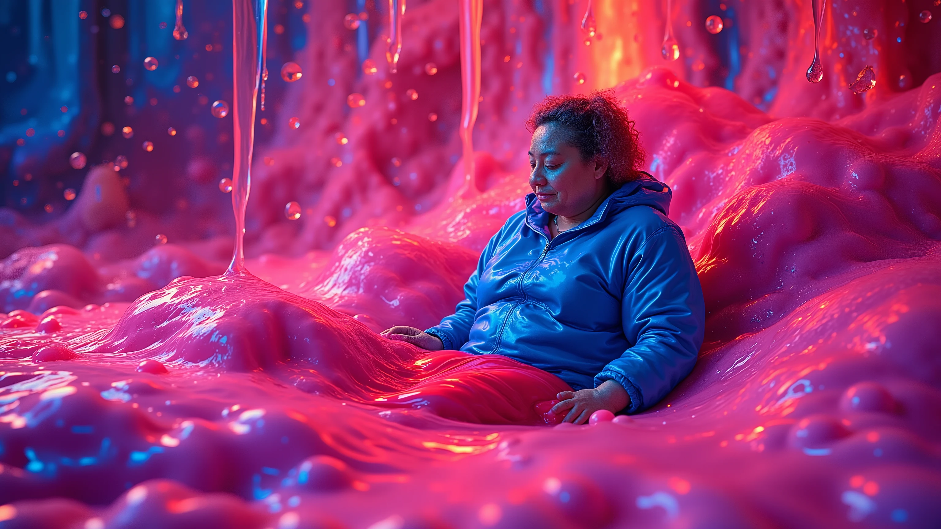 rainbowslime, a 58 year old fat obese asian woman wearing a blue latex jacket, wearing red latex pants, partially submerged in rainbowslime that is pink and orange with blue hues of metallic color, the slime is extremely thick and there are aurora in the sky and there is a turkey standing near the pit of slime with a sign that has red text "DIE HUMANS"