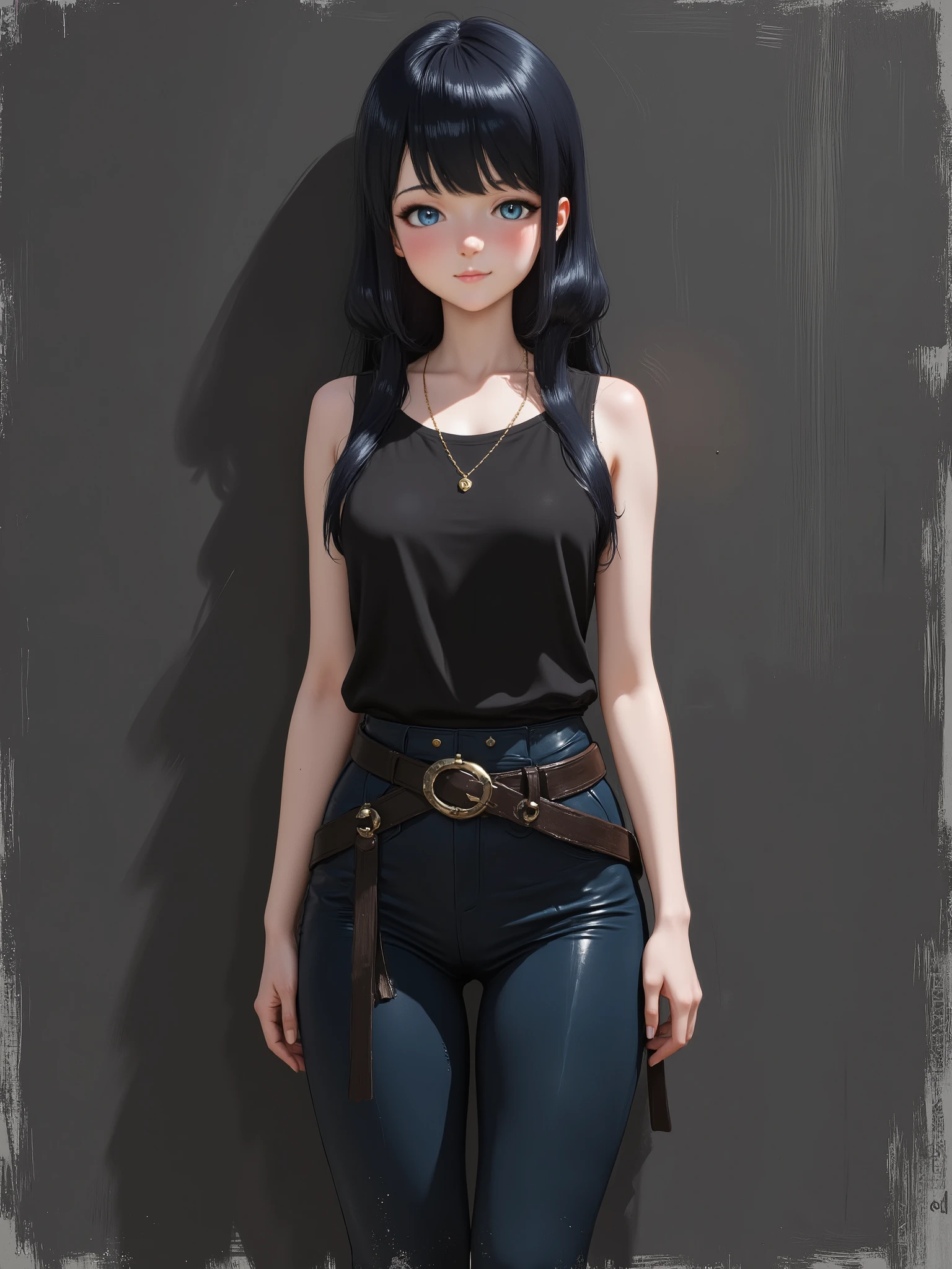 sketch painting, marinette Dopanchan, anime style, A very beautiful and cute 22 year old woman with a slight smile. (((Shy smile))), sharp focus on the face, (((Western eyes:1.5))), (((Extremely detailed ice-blue eyes, beautiful eyes, beautifully detailed eyes))), (((delicately detailed thin pink lips))), (((long hair, shiny hair))), (((black medieval steampunk style sleeveless t-shirt))), (((Dark Blue medieval steampunk style leather warrior pants))), (((full body view, dynamic pose, standing:1.5, graceful pose))), (((The background is Dark Gray and painted with expressive, visible textures using dynamic brushstrokes and strokes that add depth and movement. The paint covers only the area just behind the subject. The outer edges of the image with black margins, as if the background had been painted with a brush and with expressive and visible textures using dynamic brushstrokes and strokes fading toward the edges creating a modern and artistic vignette effect))). Cinematic lighting, soft depth of field, (((masterpiece/high resolution/Best Quality/top quality/high quality/UHD/16k quality))), sharp focus, no blur, film grain, bokeh.