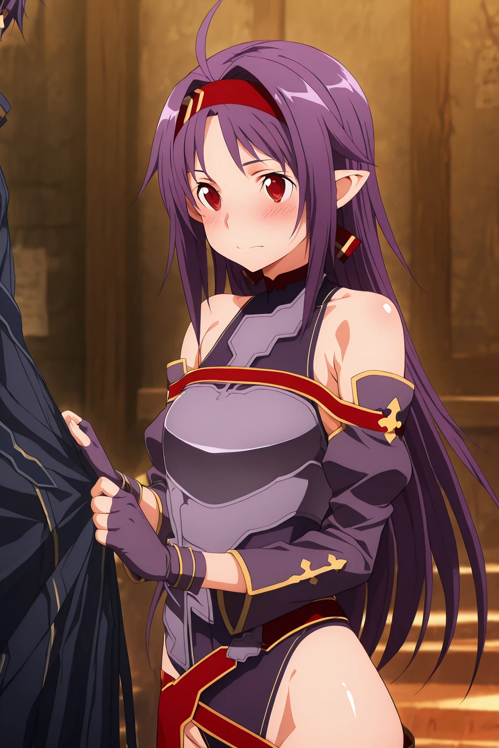 yuukikonno, yuuki konno, hairband, long hair, pointy ears, purple hair, (red eyes:1.5), (small ???????:1.2), open mouth,
BREAK black thighhighs, detached sleeves, thighhighs, dress, purple dress, armor, purple armor,
BREAK looking at viewer, upper body, full body,
BREAK outdoors, forest, nature,
BREAK (masterpiece:1.2), best quality, high resolution, unity 8k wallpaper, (illustration:0.8), (beautiful detailed eyes:1.6), extremely detailed face, perfect lighting, extremely detailed CG, (perfect hands, perfect ???????),