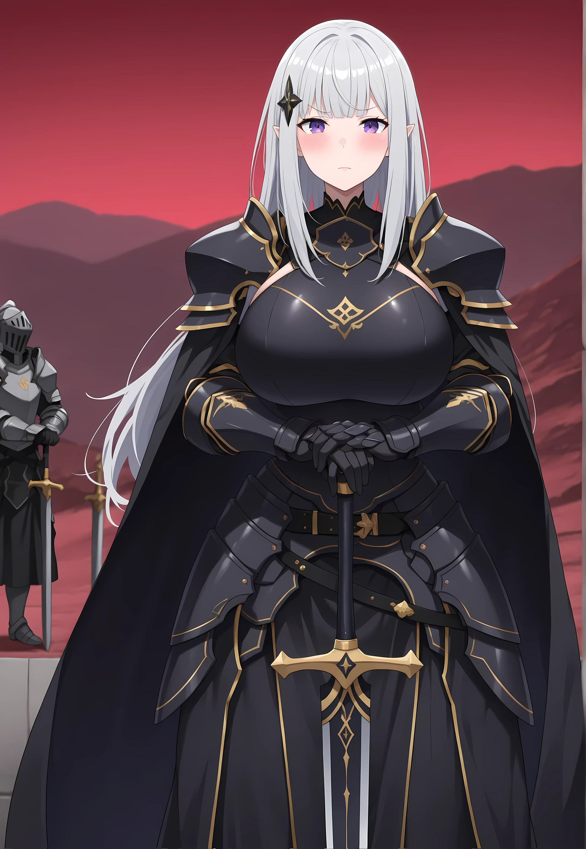 (Score_9 , score_7:0 . 6) , (masterpiece , best quality , good quality , newest:0 . 6) score_7_up , long dress, Satella, Anime, 1girl, Mature Female, pointy ears, long hair, hair ornament, blush, silver hair, Cloaked in anger , lips, purple eyes, big breasts, glamorous bodies, attractive bodies, big Curvy, Slutty, Neat, ((knight, armored dress, black cape, black armor, pauldrons, gauntlets, black gloves, black belt, faulds, long skirt, black skirt,)), (((Sexy,))), hands on hilt , planted sword , standing , looking at viewer , cowboy shot , red sky , scenery , mountain , dark , photo background , blurry background