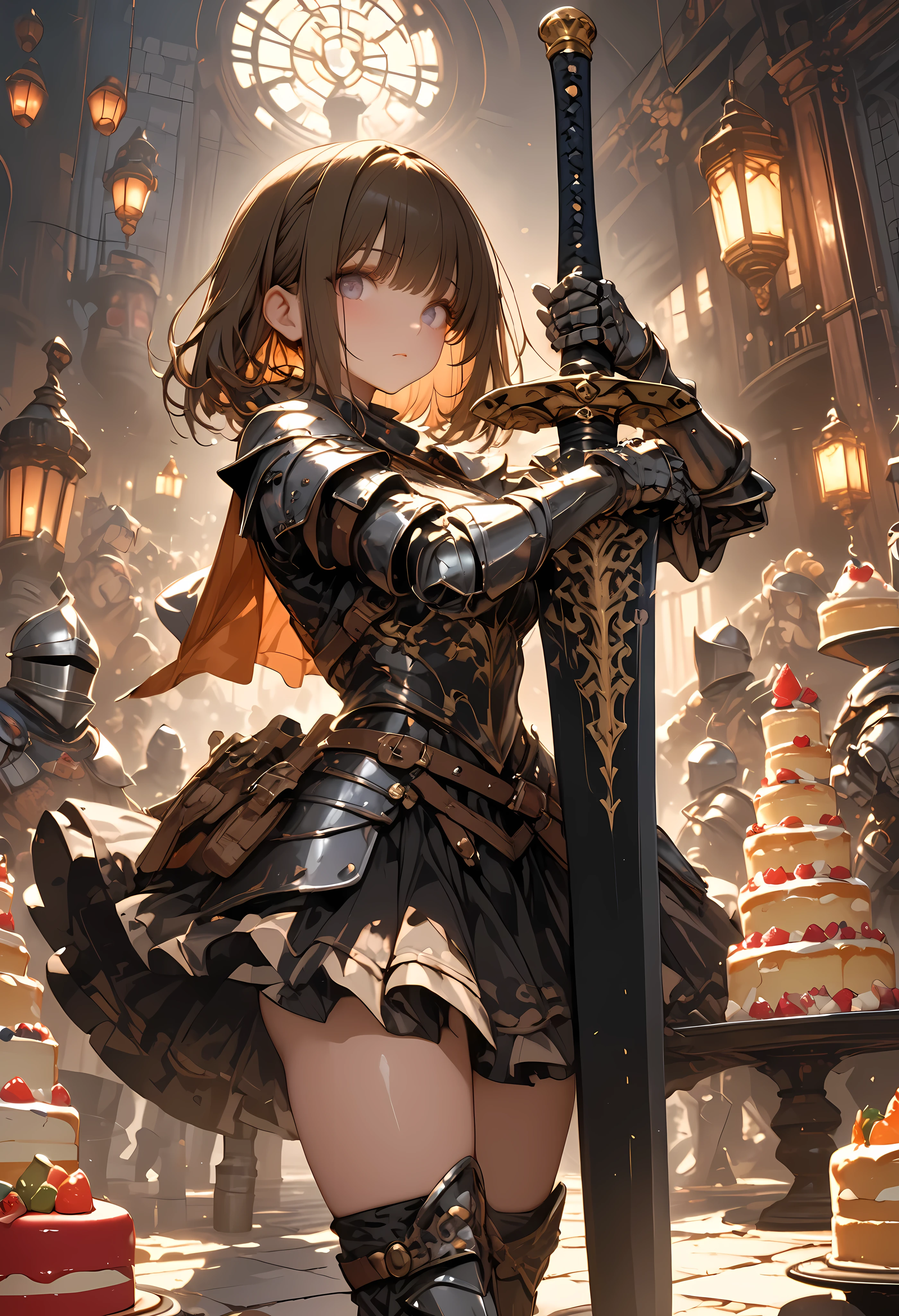 (((Knight of Cakes)))、The personification of a cake、Cookie Armor 、((big black sword))、((swordsman))、There's a big sword stuck in the floor、Beautiful girl、brown hair、Candy Castle、 Cookie Bricks,The Knights in Armor、strong pose、Cream dances、Lantern Light、(masterpiece,Highest Quality,ULTRA DETAIL,超high definition,detailed background),(1girl),watch the viewers,solo,masterpiece，（masterpiece），fuill body ,best quality ，（Highest Quality）， cinematiclighting ，（Cinematic Lights）、beautiful detailed eyes ，eye detail connected to an electric wire，uitra-detailed，（Super Detailed），highresolution， （high definition），8k，8K resolution，official art，（official illustration style），