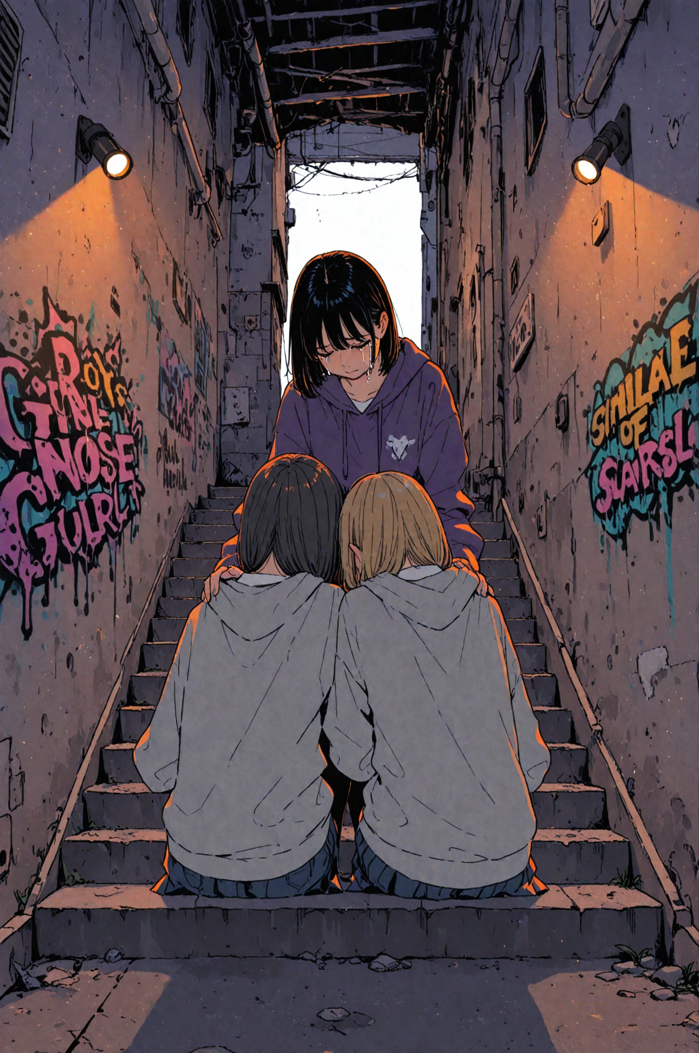 Woman, girl, 20 years old, downtrodden girl, tired girl, confused girl, uncertain posture, long hair, black hair, brown hair. eyes with a transition from blue to purple, dark hair, anime style, 4k image, full body, modern appearance. all the details have been worked out,modern clothes, full-fledged clothes, baggy clothes, cheap clothes, detailed face, lots of details, very detailed, deep, elaborated  expression, sitting at a computer, in an apartment, Working on a laptop, working at a computer.