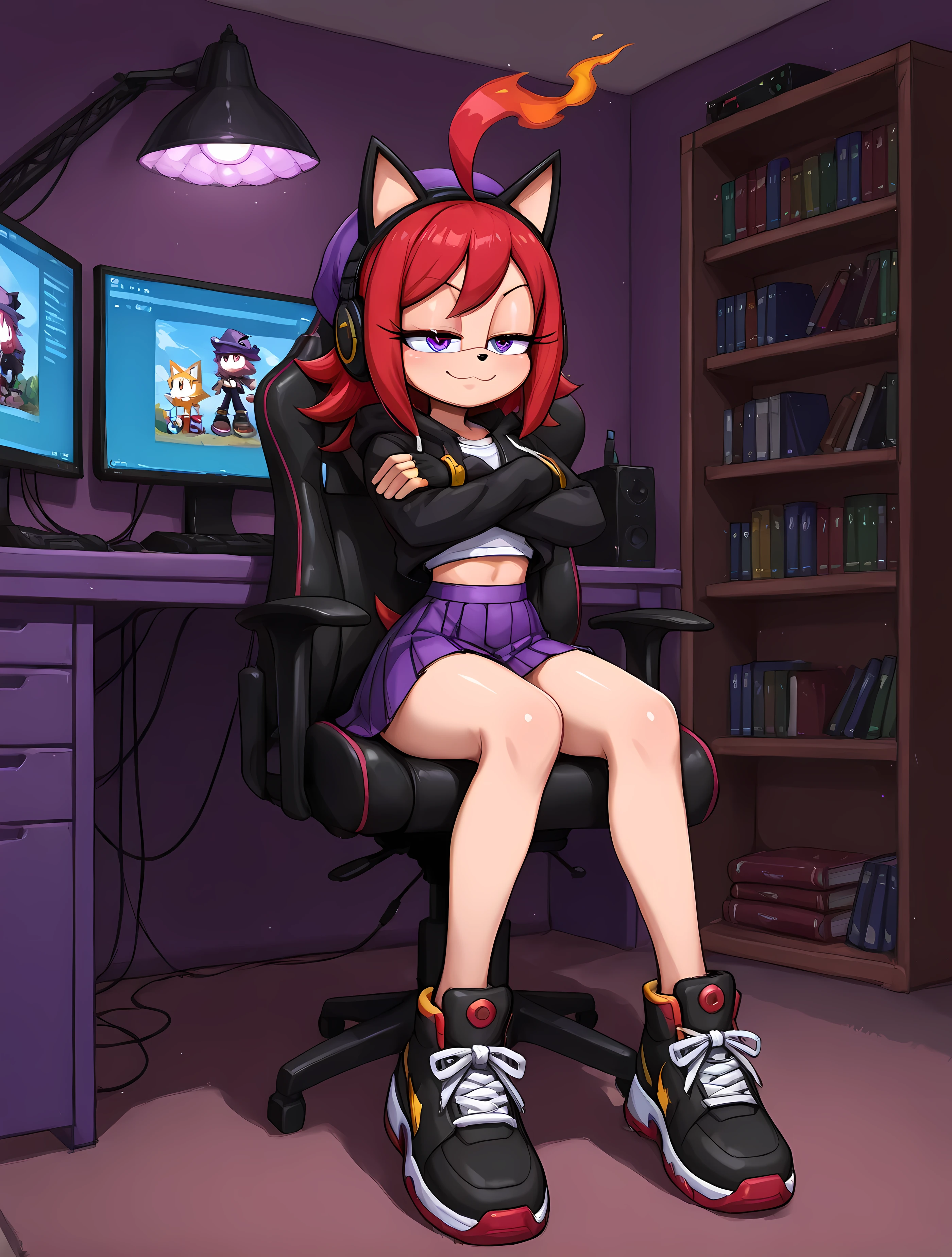 ((High side angle, incredibly detailed art, Sonic style:1.11)), ((gamer's room: computer, bookshelf with books, room lit by a lamp, Half-closed eyes, lilac hat, black gloves with ruby in the center, close to the observer, black headphones with lilac lights and fox ears, hedgehog-like body structure in Sonic style, A joyful smile, light skin, a sweet gaze, Arms crossed, a woman resembling Perci from Sonic Boom, lilac pleated skirt, long red hair, Hyakkano anime style, sitting in front of a high-tech computer with three screens, a gaming chair, alone, ultra-detailed lilac eyes, solo):1.11), {Perci}:((Slim waist, flame-shaped ahoge, white tank top, black hoodie with low hood, gold rings on wrists, Shadow sneakers):1.10), ((Anime texture:1.11, Hyakkano anime style:1.12, vibrant colors:1.05, warm and shiny skin:1.05)).