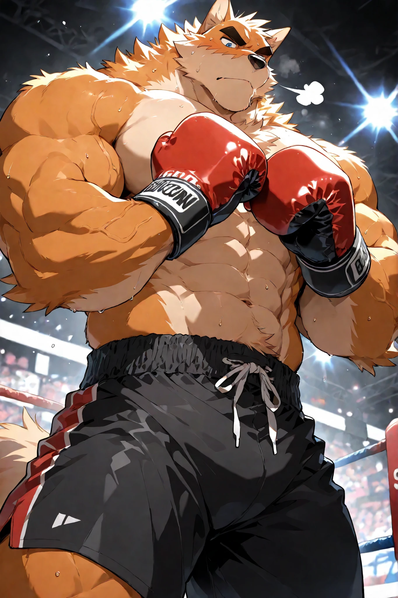 Otake Takemoto bulky boxing champion, male,furry,orange fur,is thick veiny heavy muscular,blue eyes,thick eyebrows,heavy wait boxing champion,wearing red boxing groves, wearing black boxing shorts with gold side lines,Frontal image,coldly looking down on the viewers,rough snort,Masterpiece,highest quality,8k,wearing red boxing groves,boxing ring background