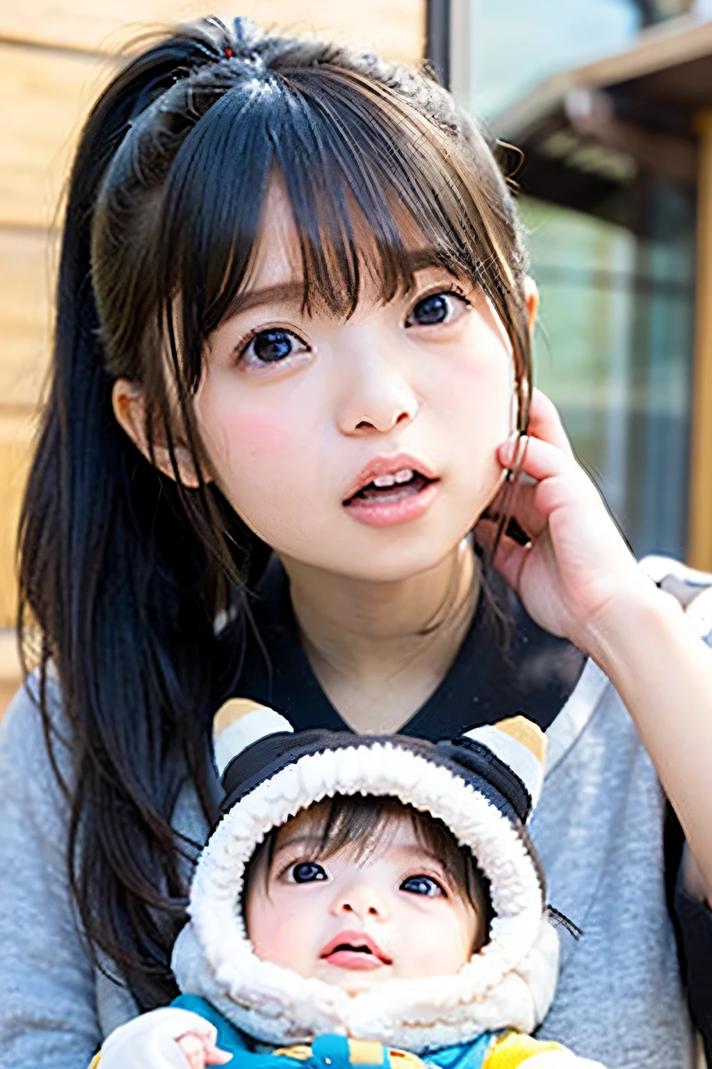  babyのような顔、3 years old、girl、round face、Ponytail、baby、((surprised face))、Plump Cheeks、narrow eyes、Droop、surprised face、Open your mouth with a gobble、(looking up diagonally from below)、一人のgirl