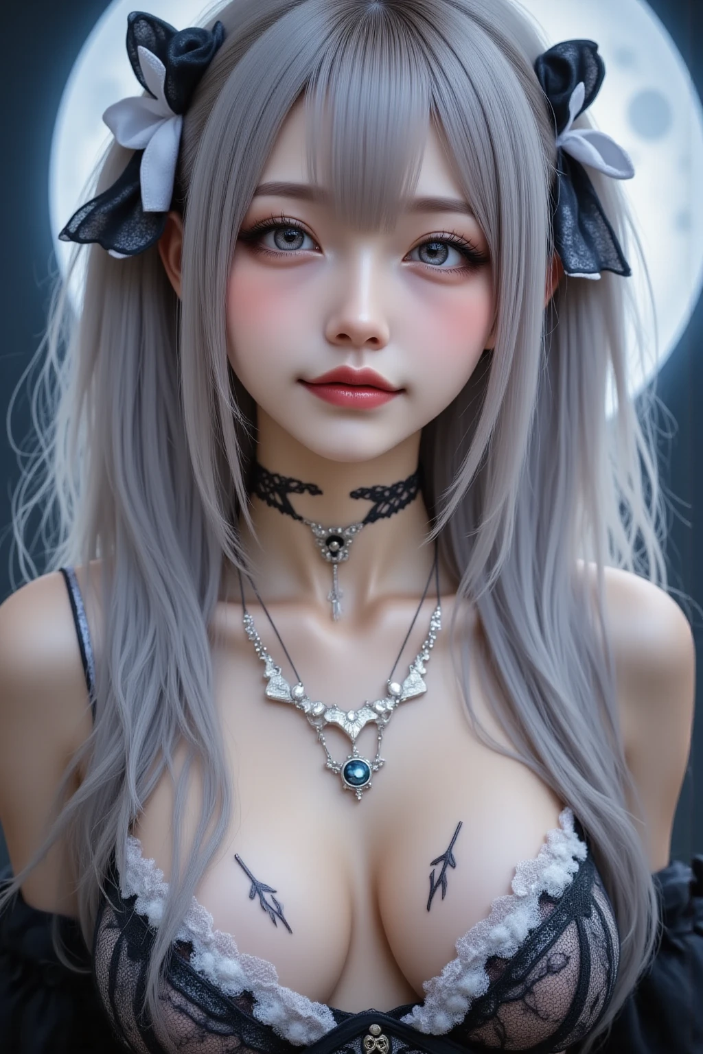 highest quality, Learning, Detailed Hair, High resolution, (((itch))) ,necklace, hair ornaments, (Beautiful Face), beautiful girl、Her hair is light grey and pale pink、Smiling、have large breasts、Looking up、Black Dress、choker
