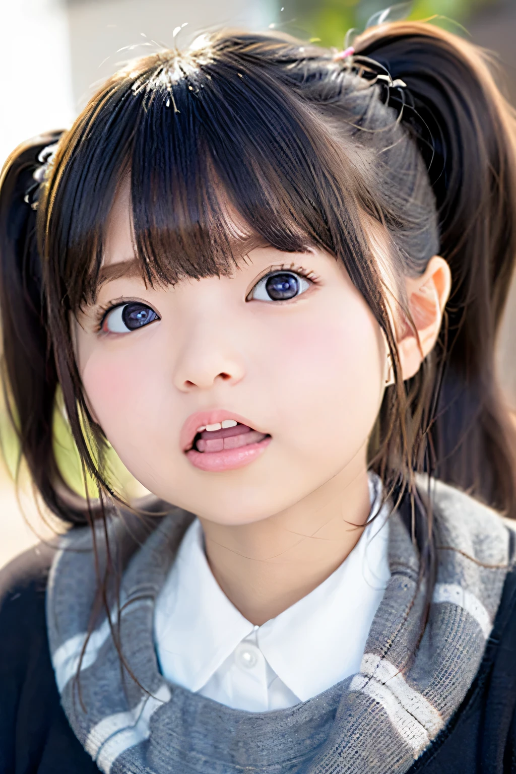 babyのような顔、3 years old、girl、round face、Ponytail、baby、((surprised face))、Plump Cheeks、narrow eyes、Droop、surprised face、Open your mouth with a gobble、(looking up diagonally from below)、一人のgirl
