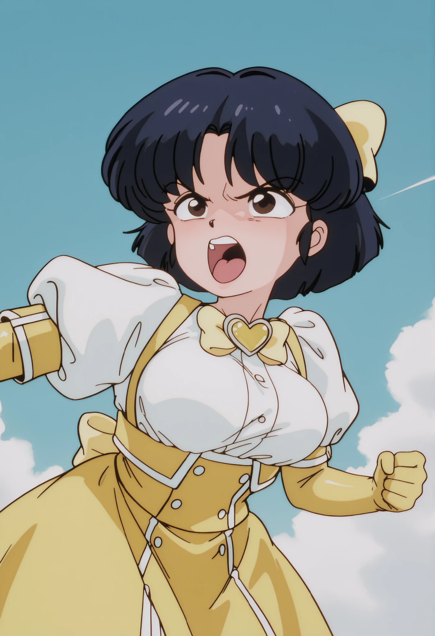 1 girl, tendou akane, dark blue hair, short hair, dark brown eyes, medium breasts, NSFW, angry expression, angry, al aire libre, flying, blue sky with white clouds, Ojos detallados, detailed breasts, sexy waist,  sexy hips, cosplay, Mahou Shoujo ni Akogarete cosplay, Magia sulfur cosplay, white dress, yellow dress, white blouse with large yellow bow, yellow corset with silver buttons, white skirt with olanes, long yellow gloves, large ribbon on the back, heart-shaped ornament on the neck, pose sexy, beautiful wide lips, looking at the spectator, detailed mouth, alone, in front, fight pose, bouncing breasts,  screaming, leaning forward, sexy, detailed image, 