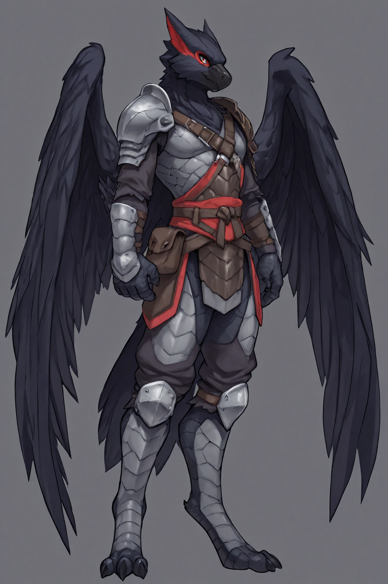 nargacuga, anthro raven, male, raven, raven wings, avian legs, lean physique, thin, one steel shoulder armor, light armor leather armor, adventurer outfit, highly detailed, best quality, fullbody art, gray background
