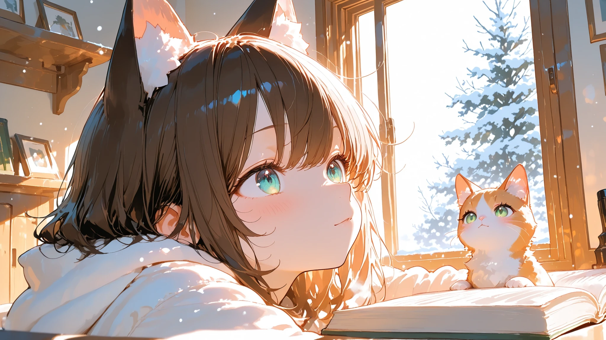 (masterpiece:1 . 2 , best quality) , (beautifully detailed eye: 1 . 2) , (beautiful detailed face) , portrait , a cozy anime-style scene of a young woman with cat ears reading at her work desk inside a warm, softly lit study room. A large window beside her reveals a quiet snowy landscape outside, snow gently falling. Warm ambient lighting, wooden bookshelves filled with books, soft shadows. A cute small cat sits on the desk beside her, watching calmly. Calm, intimate atmosphere, winter comfort, high detail, soft focus, gentle colors.