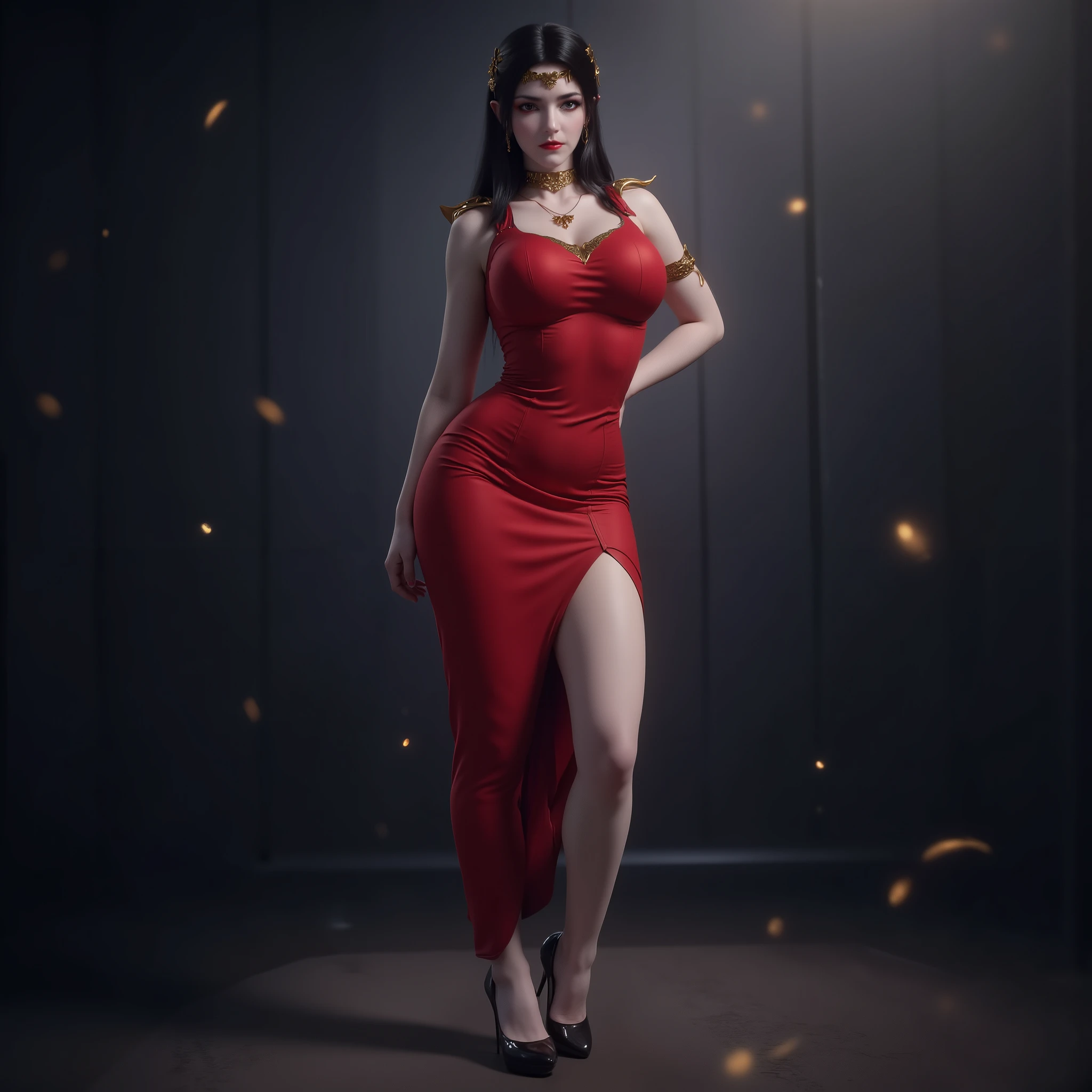 Photorealistic full body image of an athletic mature woman with long black hair and intense grey eyes, wearing a form-fitting red dress that highlights her muscular legs and wide hips, standing elegantly with one leg raised and knee bent, high heels, bare shoulders, dramatic lighting with light particles creating atmosphere, looking directly at viewer