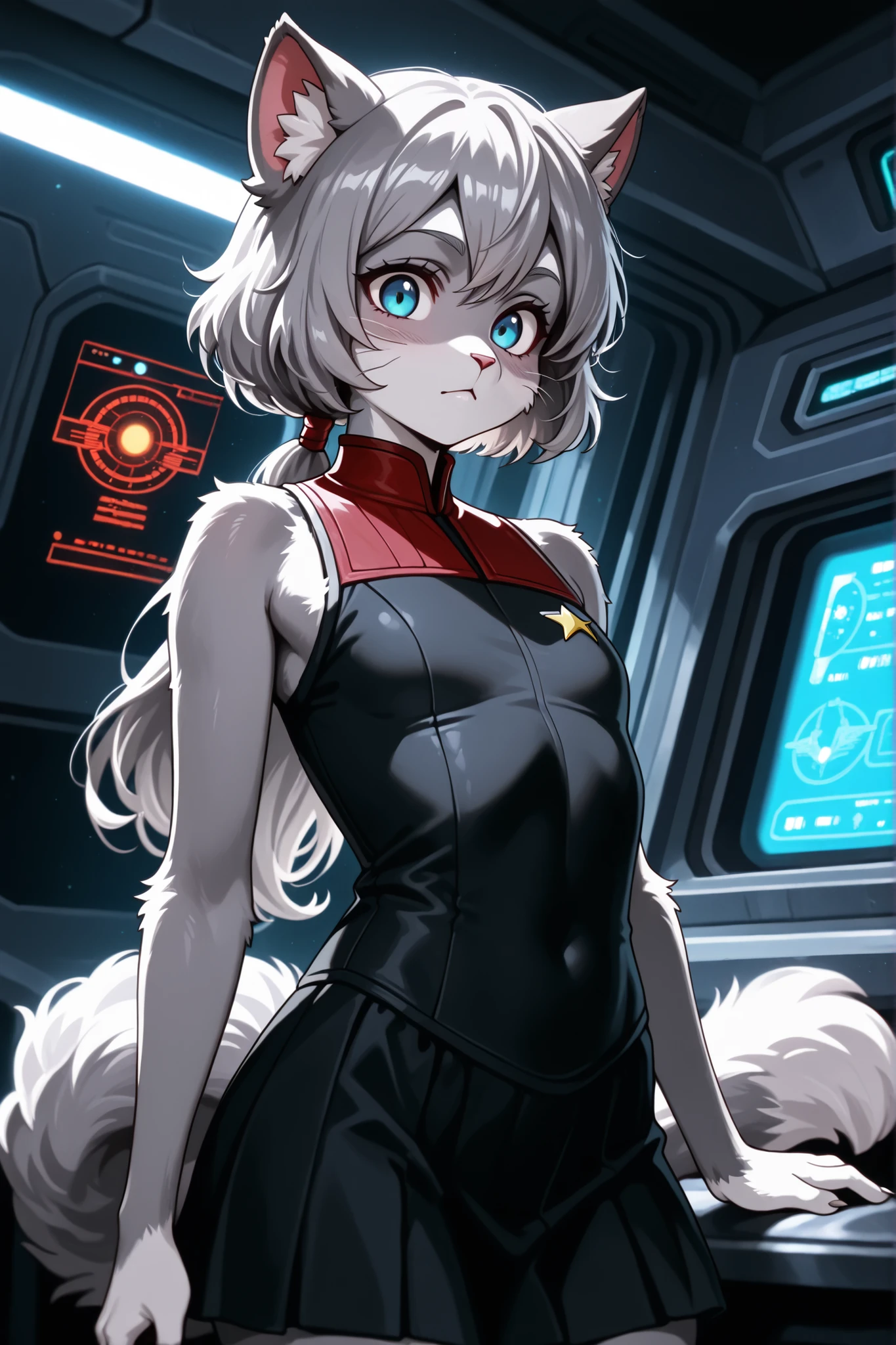 Masterpiece, highly detailed, furry cat girl, character, Star Trek, Caitian, petite physique, grey tabby body fur, long wavy grey hair, low ponytail, blue eyes, fluffy tail, ds9st,black and grey star trek uniform,grey shoulders, red neck,black jumpsuit, sleeveless,black skirt, starship interior, Bleach art style