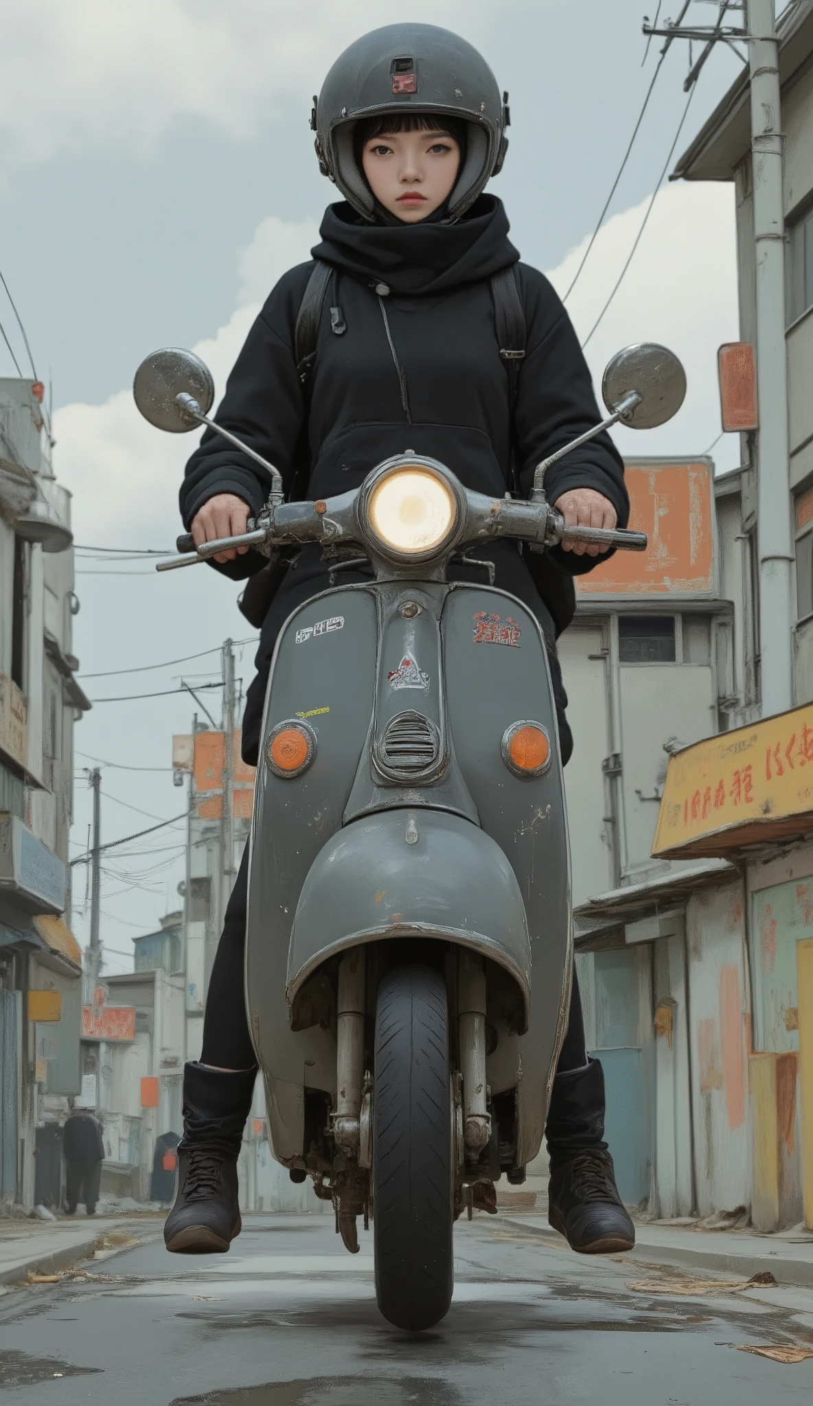 There is a woman riding a scooter while wearing a helmet, Anime Art Vehicle Concept Art, Jong Suk Lee , twist, by Kamisaka Sekka, vehicle concept pictures!!, amazing character design, INTERESTING CHARACTER DESIGN, kashart kentz , pretty concept art , 800's art, concept illustration, Akira motion movie style