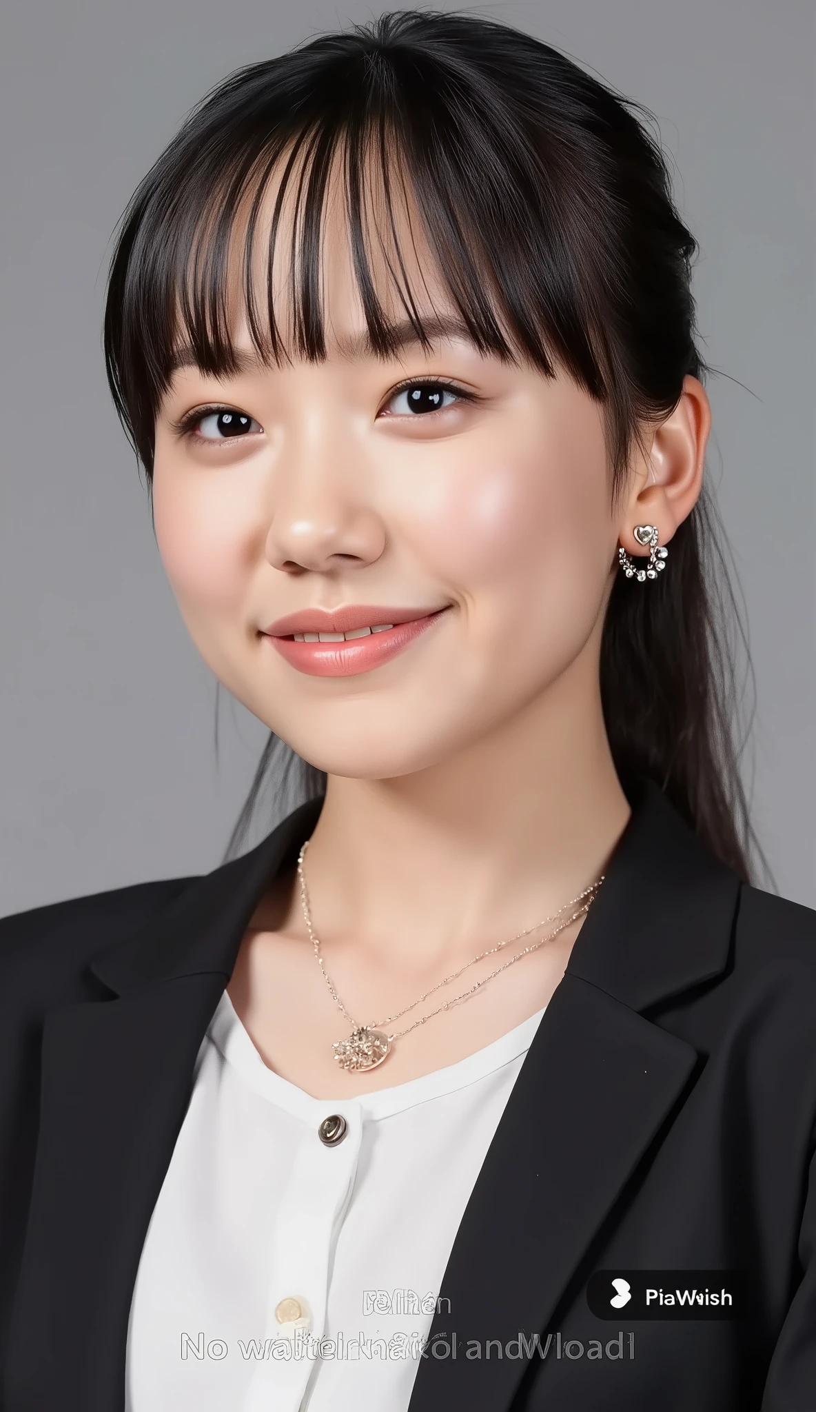 Passport photo of a neat and young woman、、and look at the camera、office lady suit、jacket、shirt、necklace、、ear piercing、前髪あり、僅かにほほ笑む、口を閉じた笑顔、、face close-up、grey background
