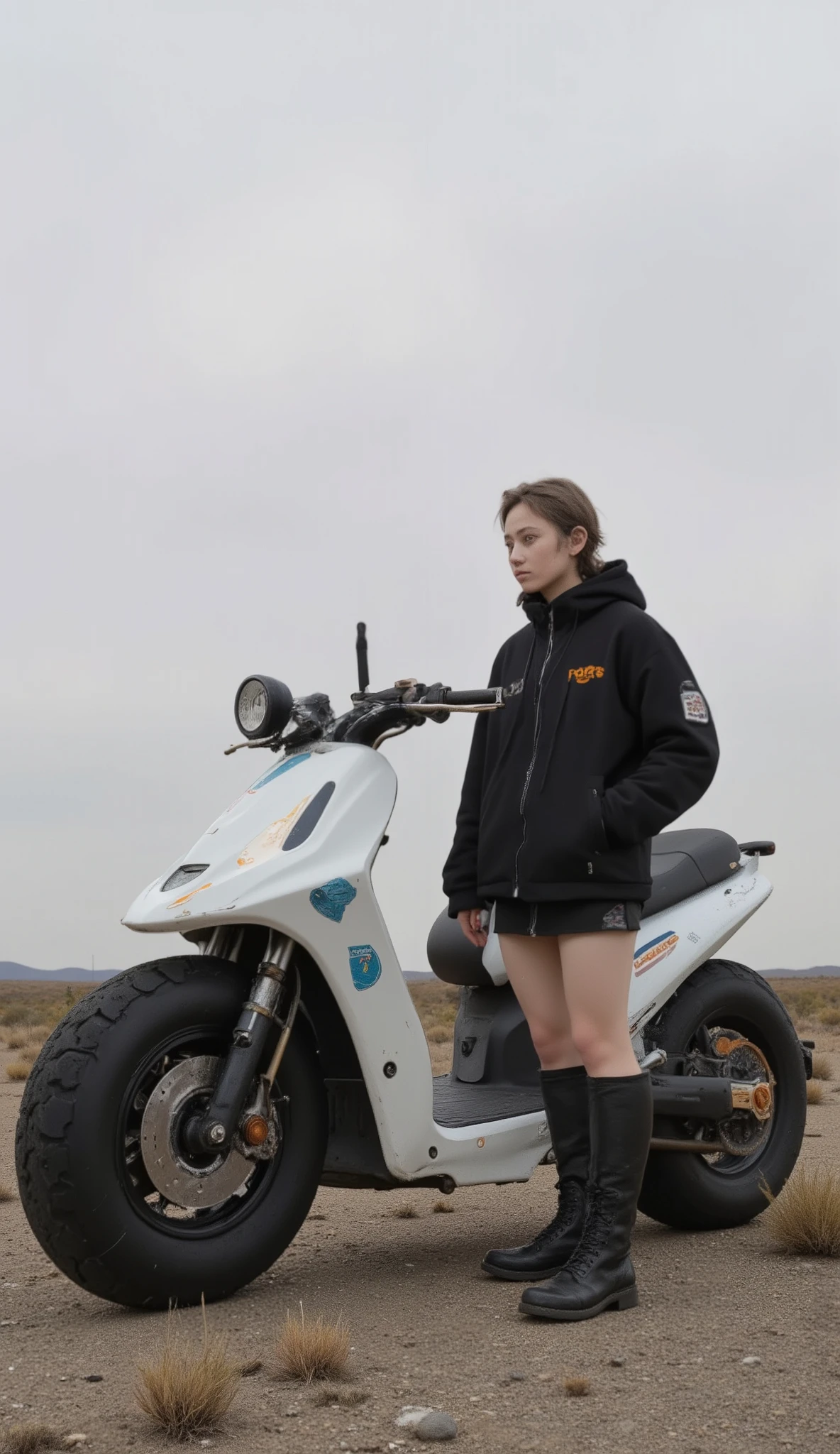 若い女性teeth、exudes preparation and adventure in a desolate landscape {x} stands confidently beside a futuristic vehicle similar to a scooter or compact ATV. 彼女teethなめらかな, casually printed、; a black, short skirt that adds modernity to, monochrome theme in the image. Her impressive, knee-high, 明るいorange色のブーツteeth、It contrasts sharply with the style-focused。. The vehicle beside her is predominantly white with clean, angular lines and large, Sturdy, 。subject. number "4006" The black jacket, teeth、blue accents on the sides. デザインteethミニマリズム, emphasizes functionality, black tire color scheme designed for off-road use, white, orange. 少女の姿勢と車両のSturdy外観teeth、and the sporty vibe alluding to the model or series, plain setting with、subject.