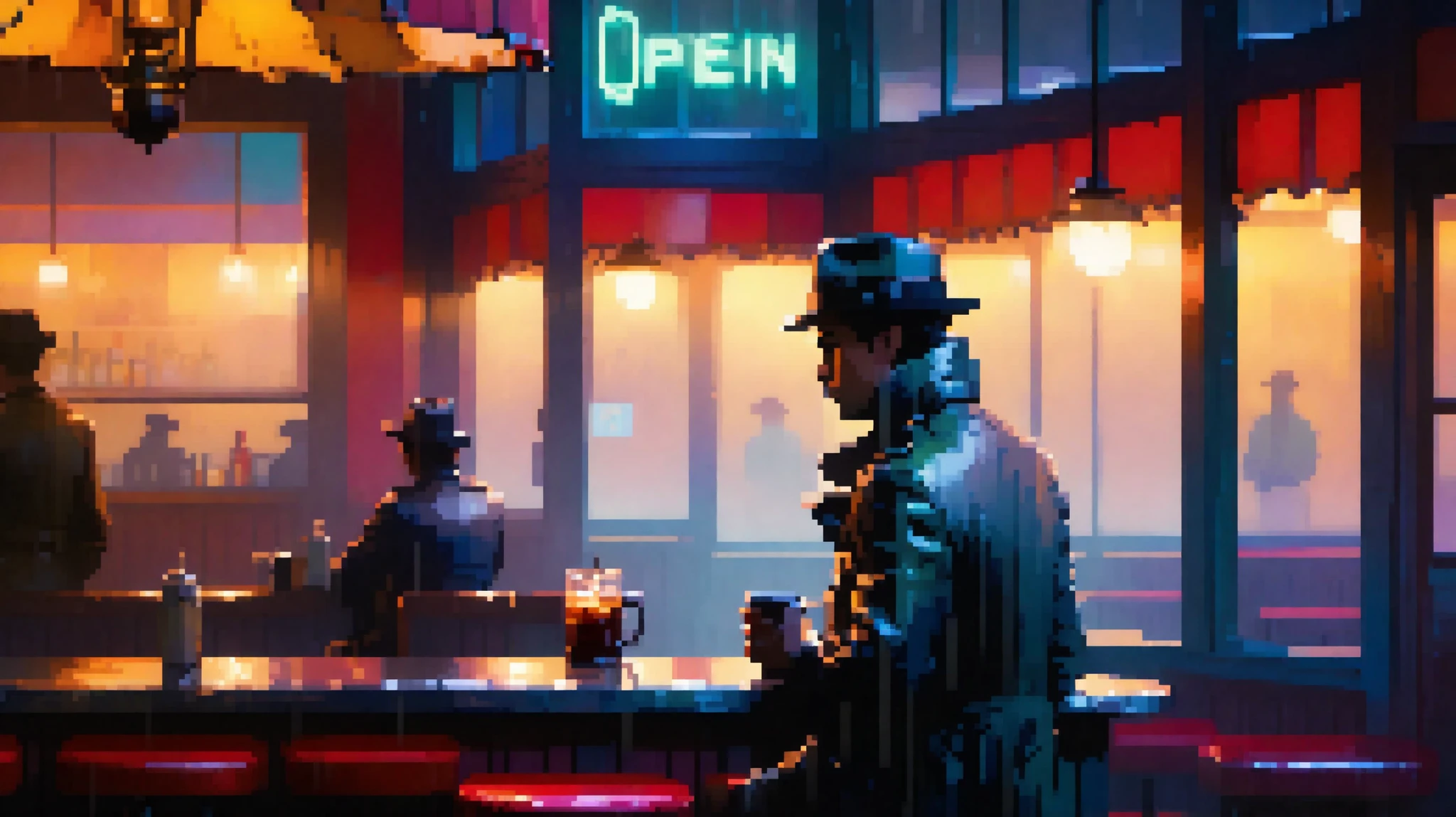 On the left side of the scene, a tired detective sits alone at the corner of a dimly lit bar counter. His trench coat is draped loosely over his shoulders, still damp from the fog outside. His fedora rests beside an untouched glass of whiskey, the rim fogged from the cold. He leans slightly forward, one elbow on the counter, a cigarette glowing faintly between his fingers. The smoke curls upward and fades into the low light. His eyes are half-closed, lost in thought — a man finally letting his guard down after a long night.

Additional Characters:
Across from him, near the end of the bar, a mysterious woman sits on a cracked red leather stool. She wears a dark coat and a light scarf, her silhouette softly illuminated by the neon light filtering through the rain-streaked window behind her. Her hand rests around a half-empty cup of coffee, untouched for some time. Her gaze is distant, reflective — she’s not looking at the detective, but somehow she feels aware of him. Her reflection glows faintly in the window, merging with the blurred city lights outside, giving her an almost ghostly presence.

Setting:
The scene takes place inside a quiet, nearly empty late-night diner at the edge of a foggy city. The walls are lined with aged wood paneling and cracked white tile, their edges yellowed by time and cigarette smoke. The rain outside patters softly against large front windows, distorting the view of flickering neon signs and blurred headlights. A small neon sign in the window reads “OPEN”, though the rest of the diner is clearly closed — chairs stacked on distant tables, jukebox silent, clock long stopped. A worn jukebox stands in the corner, its colored lights faintly glowing through the haze, casting soft hues of red, teal, and amber across the floor. In the background, a city skyline can be glimpsed through the rain-smeared glass, its shapes lost in fog.