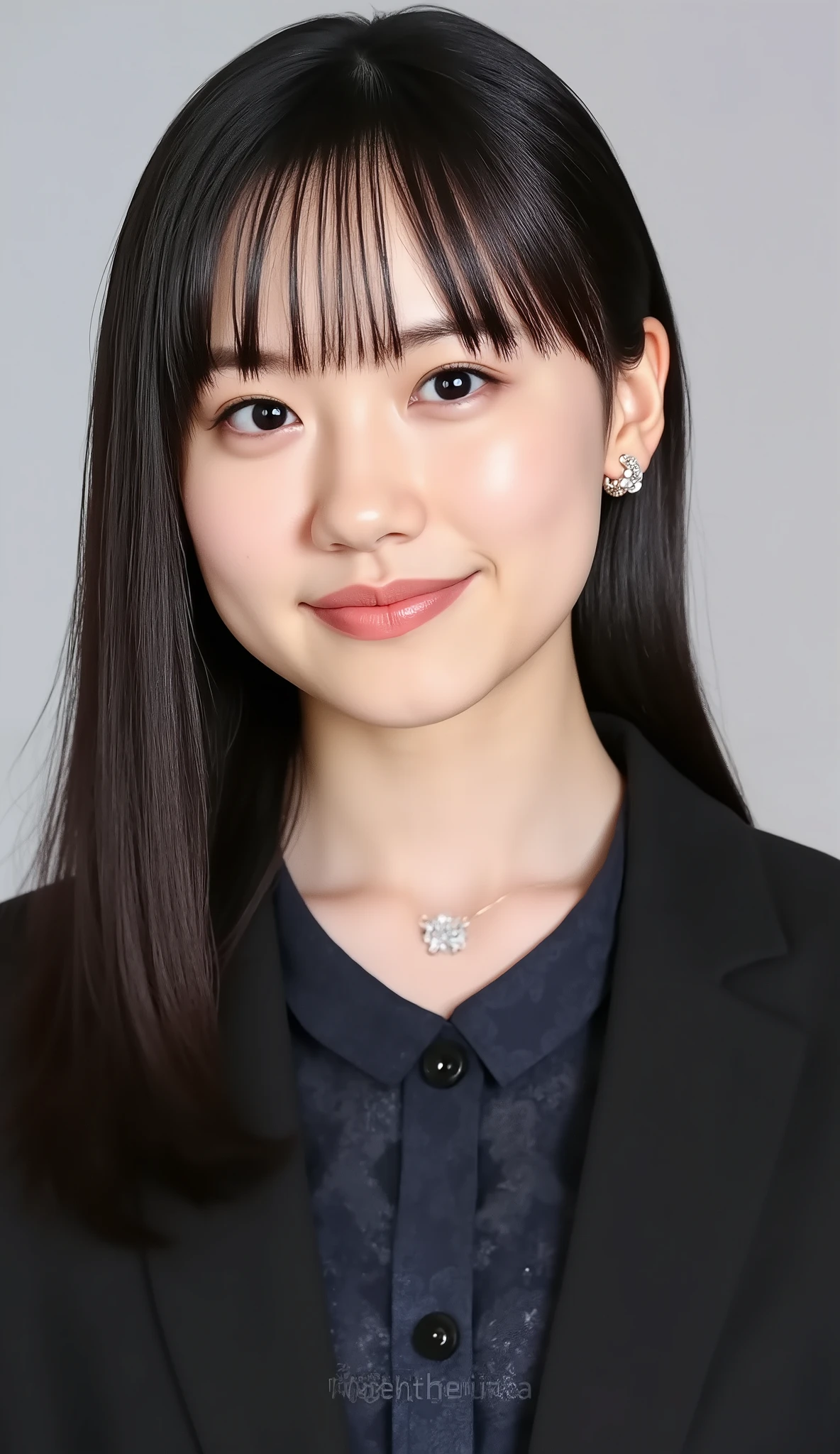 Passport photo of a neat and young woman、大人っぽく色っぽい女性、、and look at the camera、office lady suit、jacket、shirt、necklace、、ear piercing、前髪あり、無表情、口を閉じている、への字口、、face close-up、grey background