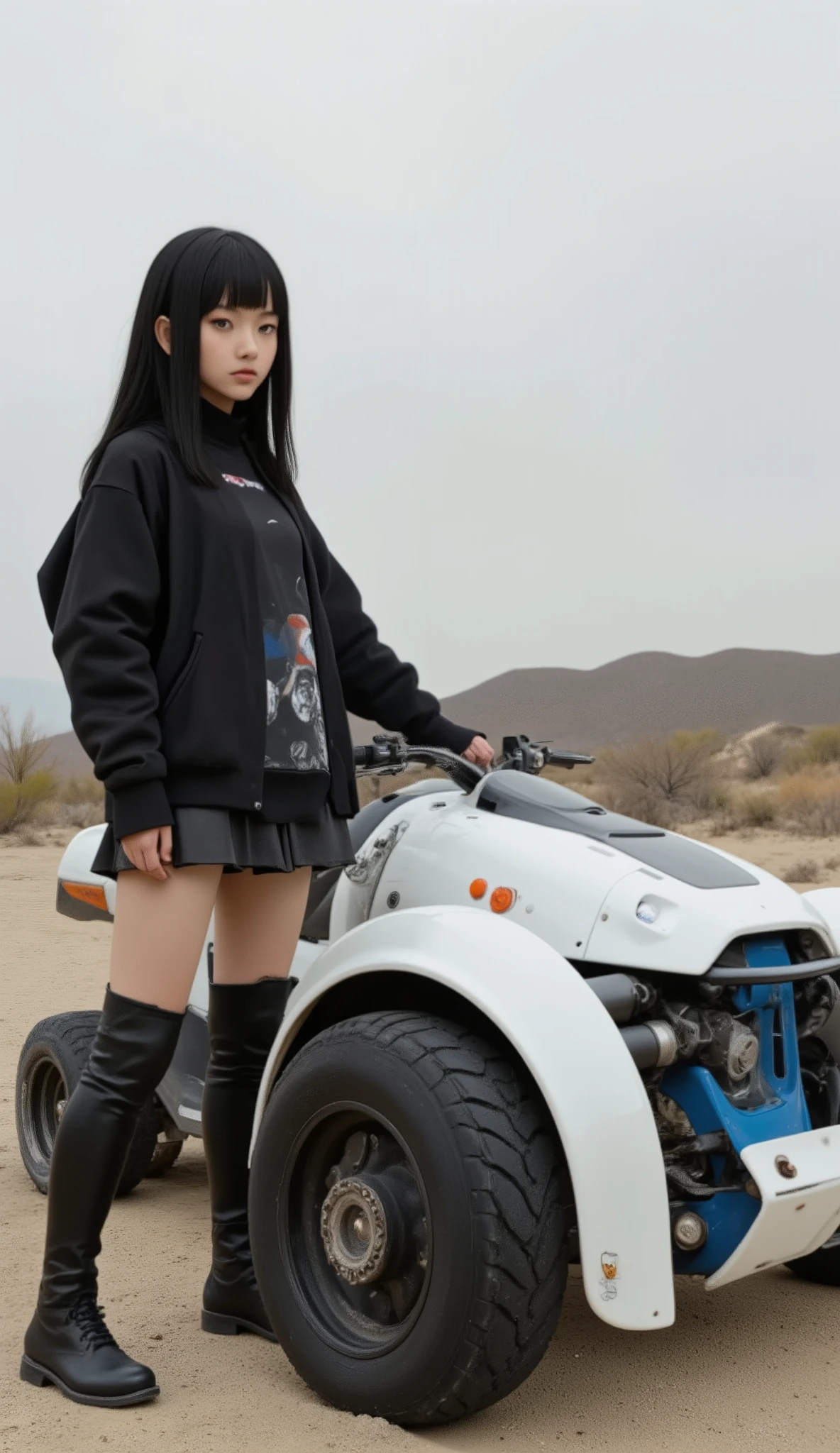Aerial photography、若い女性teeth、exudes preparation and adventure in a desolate landscape {x} stands confidently beside a futuristic vehicle similar to a scooter or compact ATV. 彼女teethなめらかな, casually printed、; a black, short skirt that adds modernity to, monochrome theme in the image. Her impressive, knee-high, 明るいorange色のブーツteeth、It contrasts sharply with the style-focused。. The vehicle beside her is predominantly white with clean, angular lines and large, Sturdy, 。subject. number "4006" The black jacket, teeth、blue accents on the sides. デザインteethミニマリズム, emphasizes functionality, black tire color scheme designed for off-road use, white, orange. 少女の姿勢と車両のSturdy外観teeth、and the sporty vibe alluding to the model or series, plain setting with、subject.
