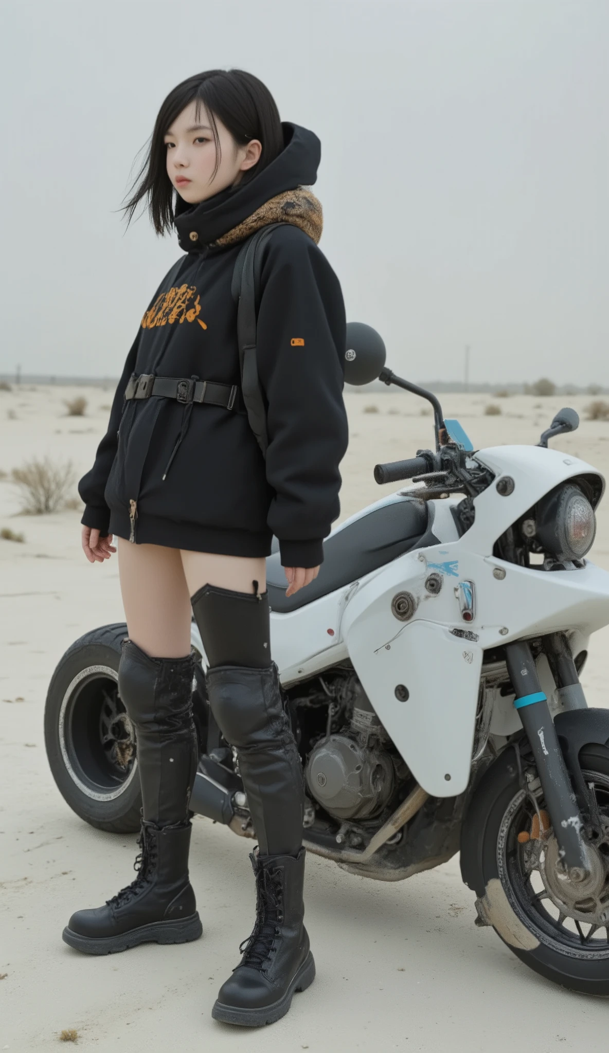 Aerial photography、若い女性teeth、exudes preparation and adventure in a desolate landscape {x} stands confidently beside a futuristic vehicle similar to a scooter or compact ATV. 彼女teethなめらかな, casually printed、; a black, short skirt that adds modernity to, monochrome theme in the image. Her impressive, knee-high, 明るいorange色のブーツteeth、It contrasts sharply with the style-focused。. The vehicle beside her is predominantly white with clean, angular lines and large, Sturdy, 。subject. number "4006" The black jacket, teeth、blue accents on the sides. デザインteethミニマリズム, emphasizes functionality, black tire color scheme designed for off-road use, white, orange. 少女の姿勢と車両のSturdy外観teeth、and the sporty vibe alluding to the model or series, plain setting with、subject.