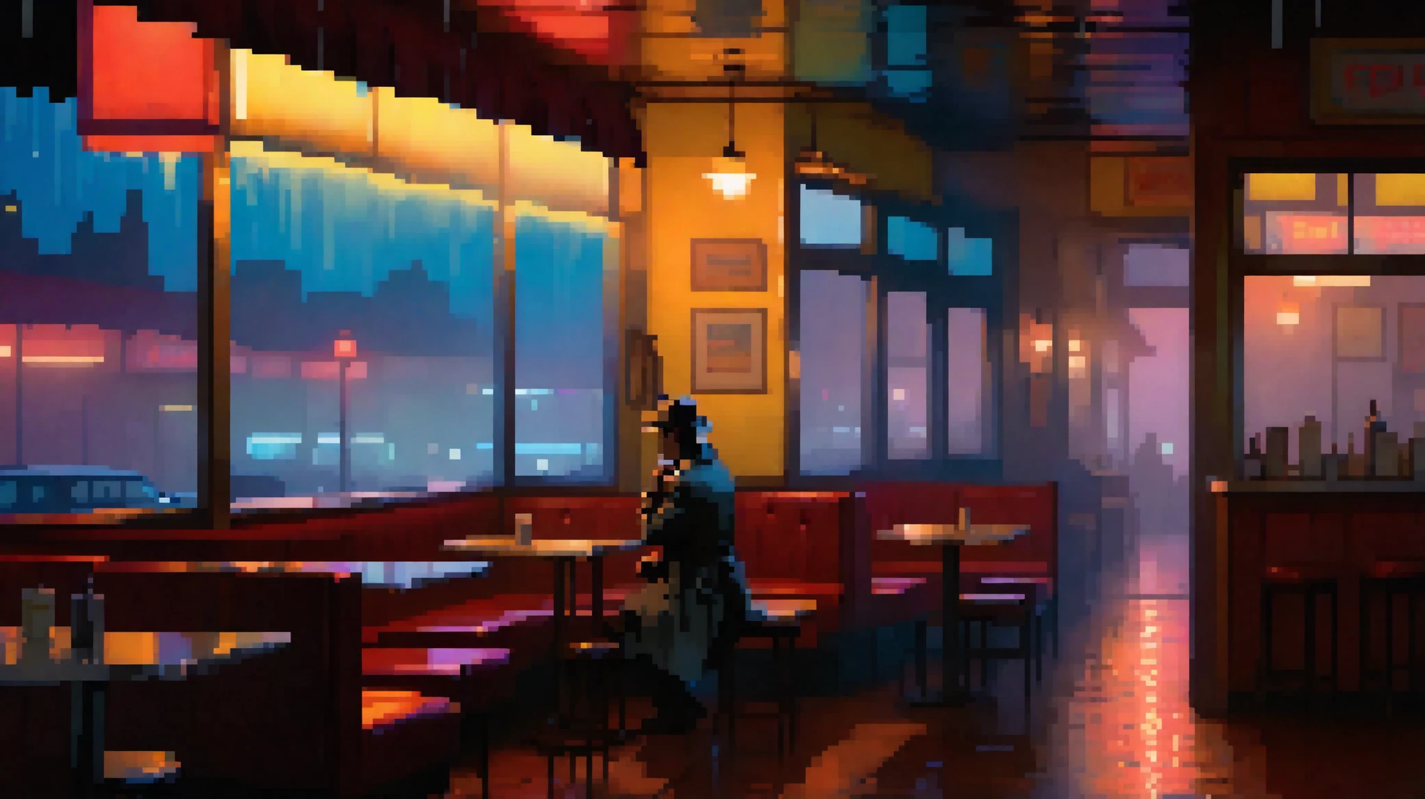 On the left side of the scene, a tired detective sits alone at the corner of a dimly lit bar counter. His trench coat is draped loosely over his shoulders, still damp from the fog outside. His fedora rests beside an untouched glass of whiskey, the rim fogged from the cold. He leans slightly forward, one elbow on the counter, a cigarette glowing faintly between his fingers. The smoke curls upward and fades into the low light. His eyes are half-closed, lost in thought — a man finally letting his guard down after a long night.

Additional Characters:
Across from him, near the end of the bar, a mysterious woman sits on a cracked red leather stool. She wears a dark coat and a light scarf, her silhouette softly illuminated by the neon light filtering through the rain-streaked window behind her. Her hand rests around a half-empty cup of coffee, untouched for some time. Her gaze is distant, reflective — she’s not looking at the detective, but somehow she feels aware of him. Her reflection glows faintly in the window, merging with the blurred city lights outside, giving her an almost ghostly presence.

Setting:
The scene takes place inside a quiet, nearly empty late-night diner at the edge of a foggy city. The walls are lined with aged wood paneling and cracked white tile, their edges yellowed by time and cigarette smoke. The rain outside patters softly against large front windows, distorting the view of flickering neon signs and blurred headlights. A small neon sign in the window reads “OPEN”, though the rest of the diner is clearly closed — chairs stacked on distant tables, jukebox silent, clock long stopped. A worn jukebox stands in the corner, its colored lights faintly glowing through the haze, casting soft hues of red, teal, and amber across the floor. In the background, a city skyline can be glimpsed through the rain-smeared glass, its shapes lost in fog.